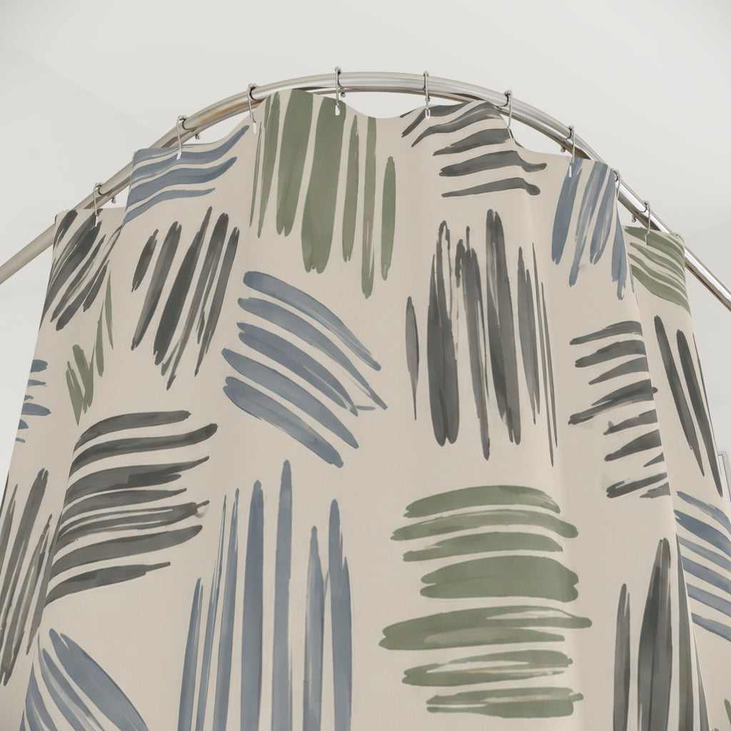 Sage, dusty blue and gray hatch marks on cream shower curtain with close-up print, hooks, and folds