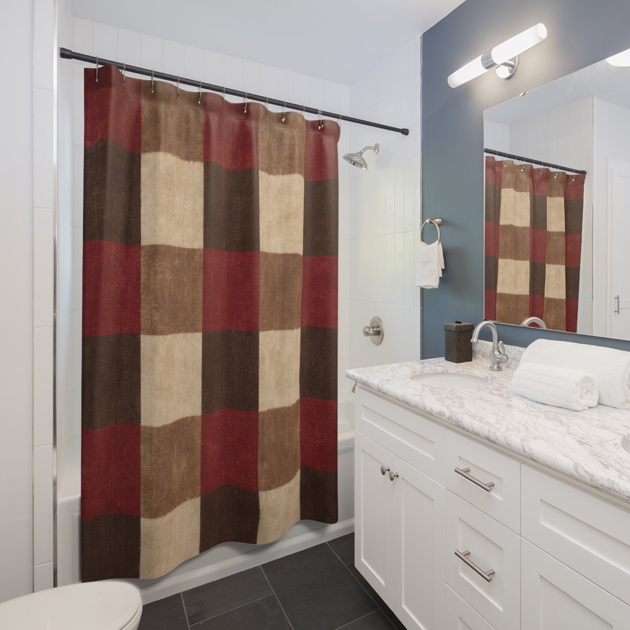 Buffalo Plaid Shower Curtain, Red Brown Farmhouse Bath Decor, Cream Checkered Pattern, Warm Rustic Holiday Guest Bathroom Decor Style