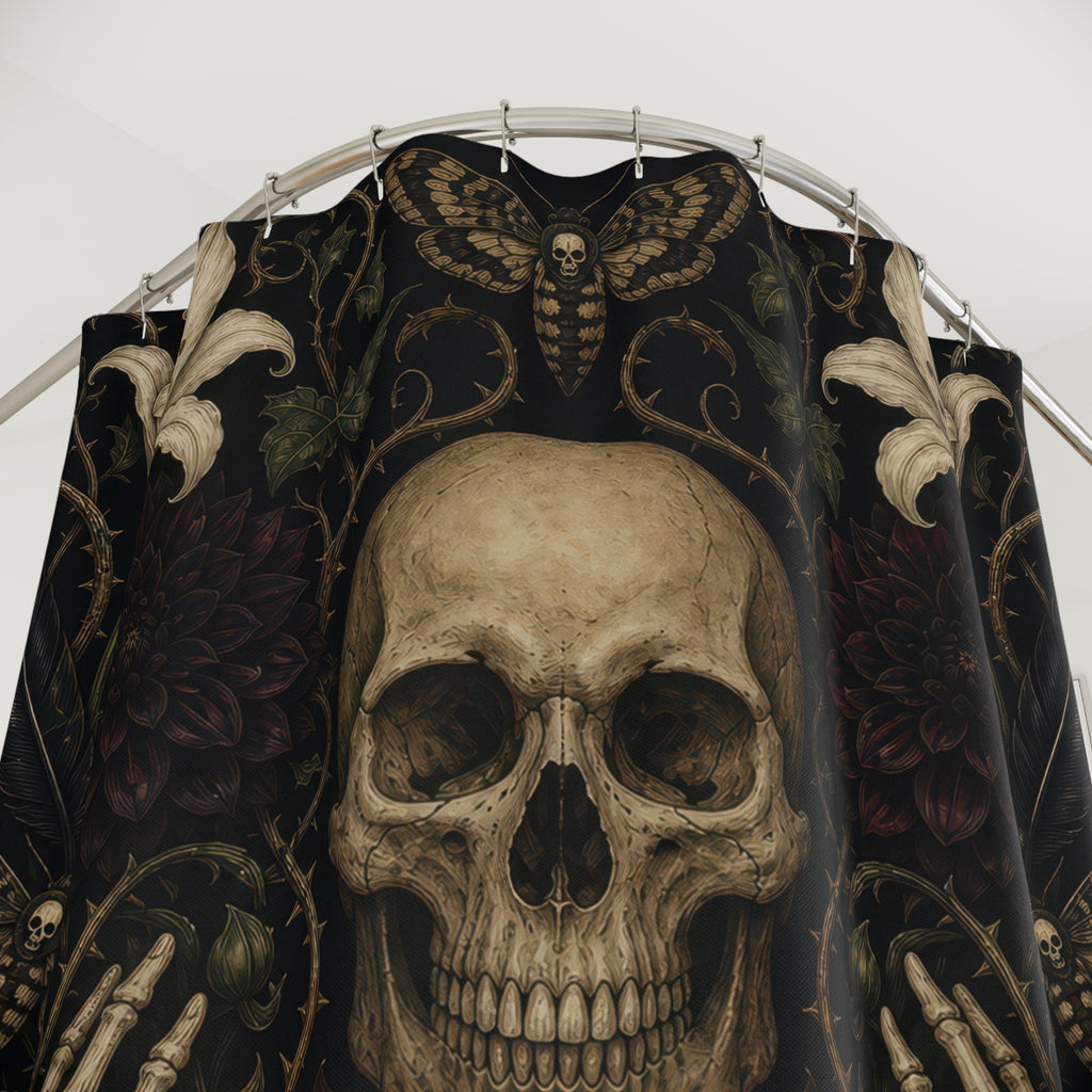 Macabre Shower Curtain, Memento Mori Skull and Dark Floral Garden