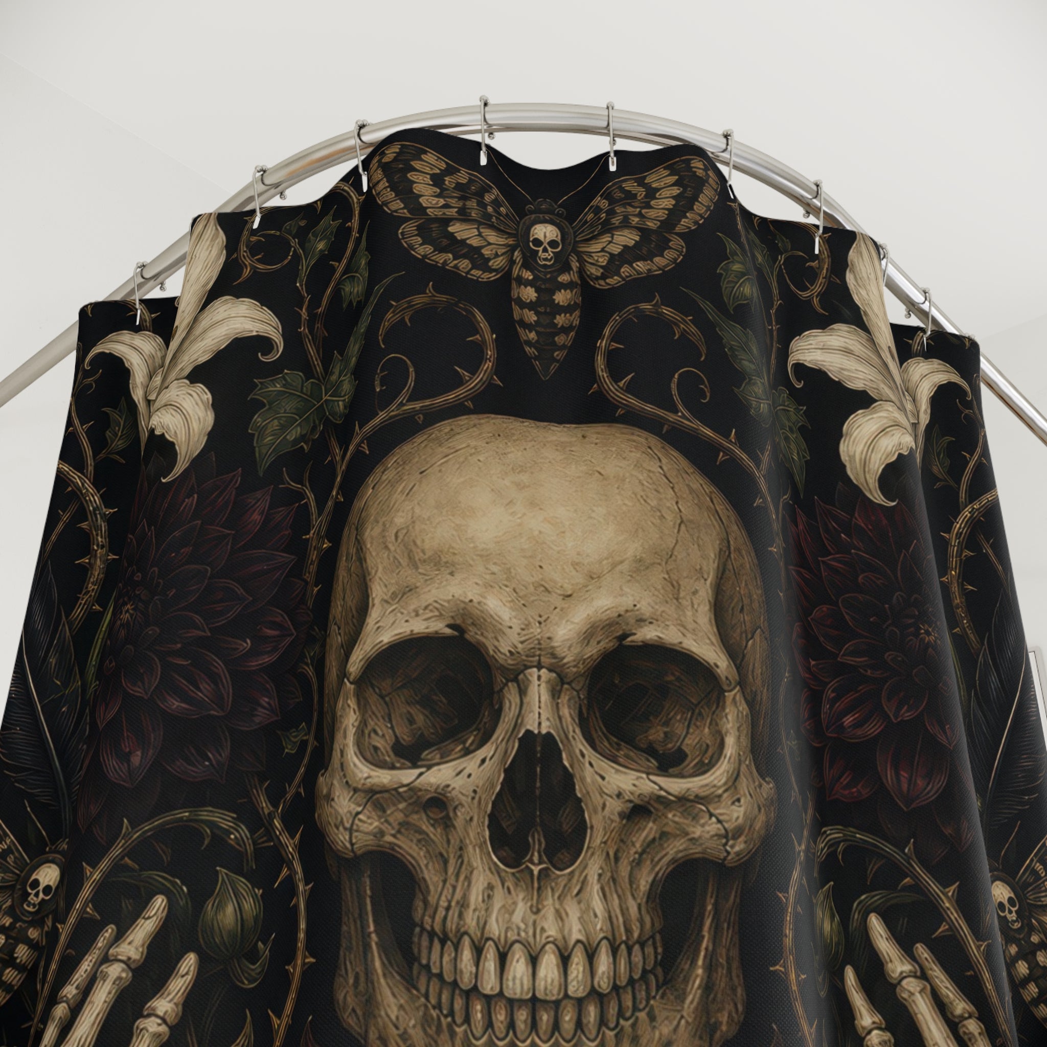 Macabre Shower Curtain, Memento Mori Skull and Dark Floral Garden