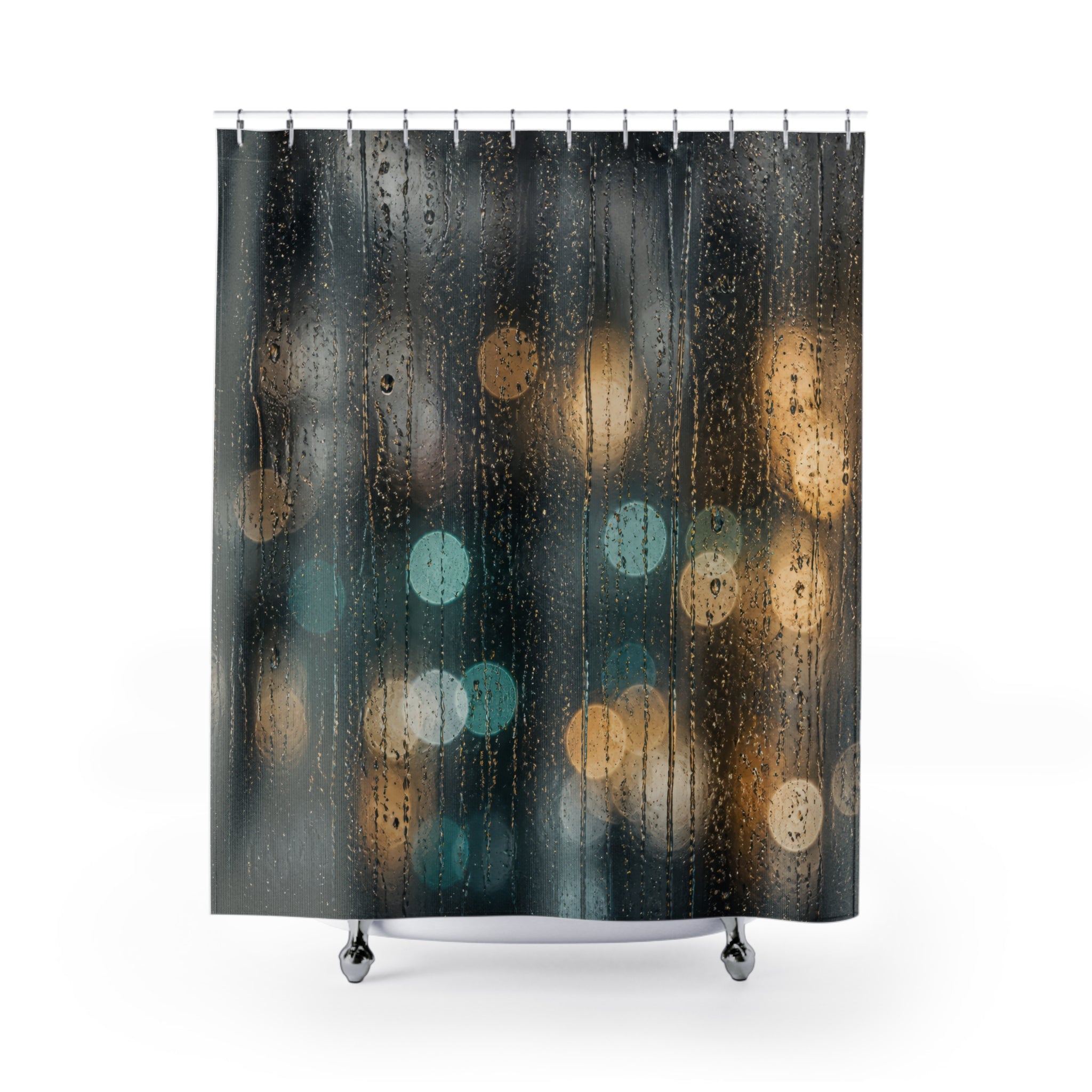 Rain Shower Curtain, Moody Window Bath Decor, Abstract Bokeh Light Pattern, Modern Guest Bathroom Decor, Dark Urban Style, Rainy Night Style