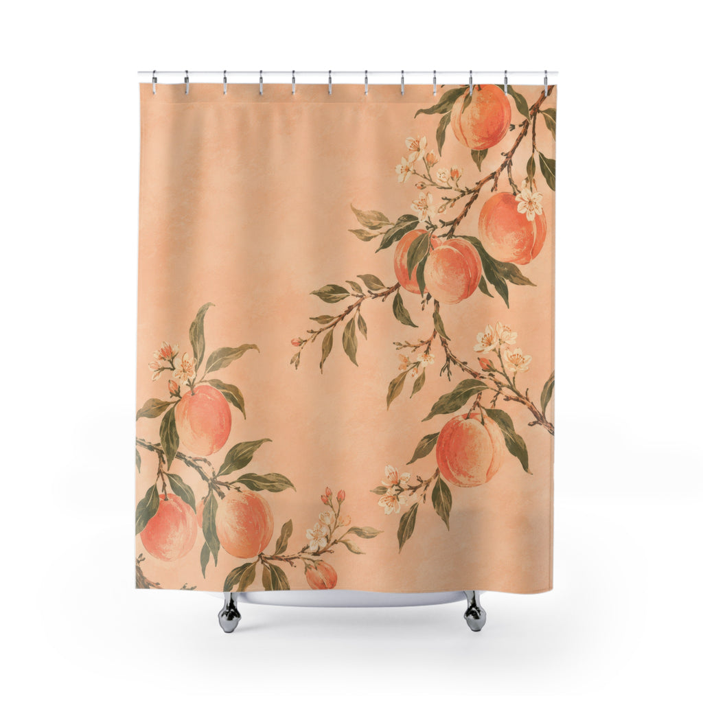 Peachy orchard fruit and cream blossoms shower curtain with full front view