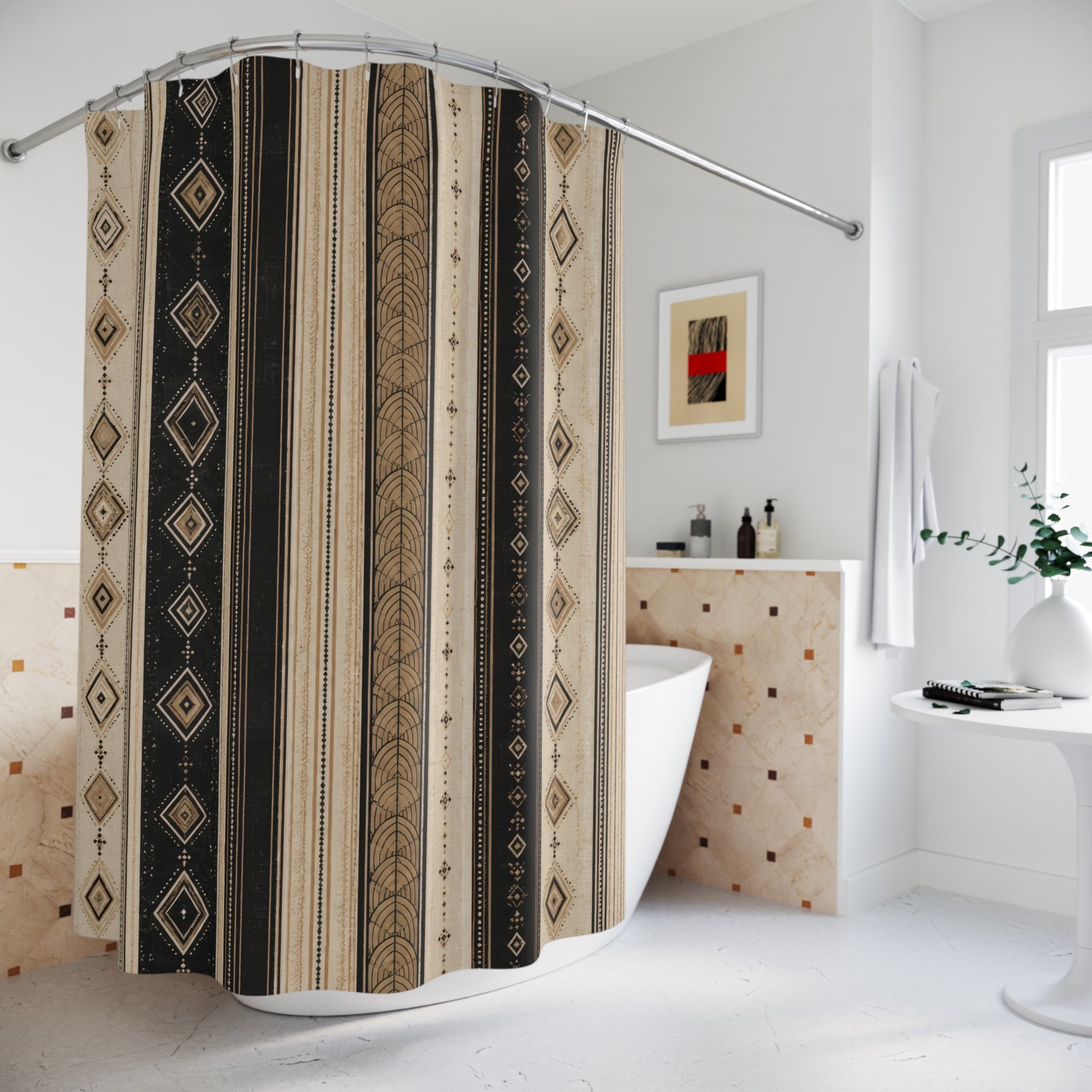 Black and Beige Art Deco Stripe Shower Curtain