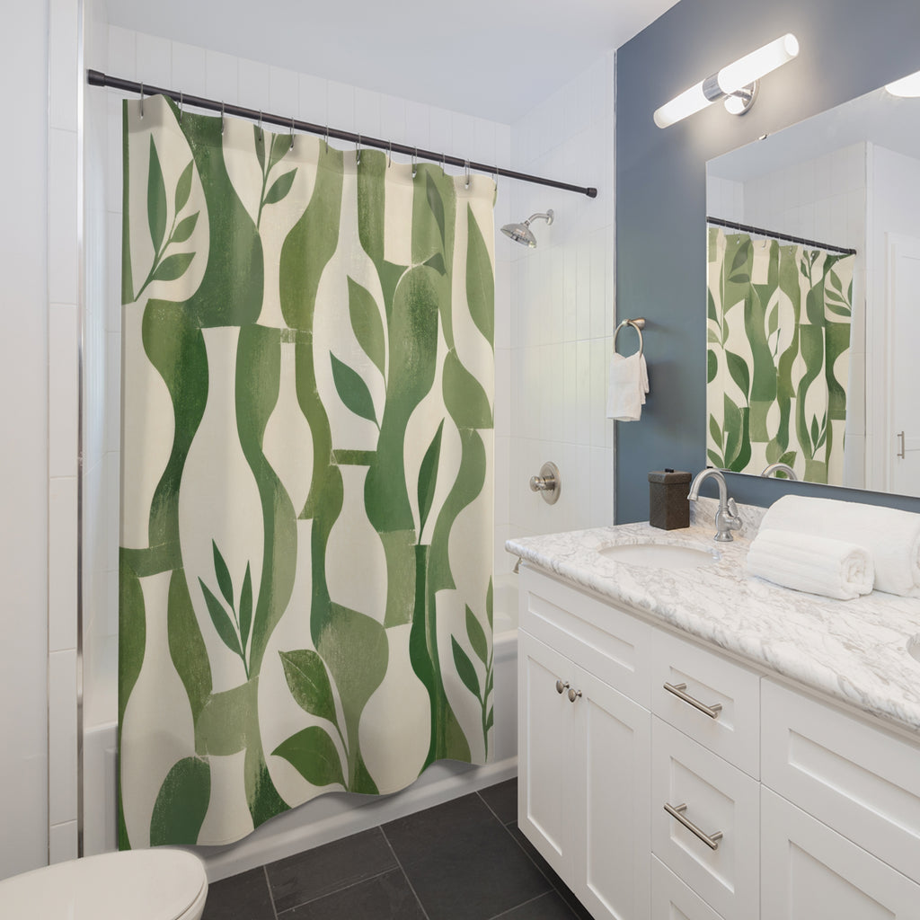 Green and White Shower Curtain, Botanical Leaf Bath Decor, Modern Abstract Block Pattern, Fresh Guest Bathroom Decor, Sage Style Decor