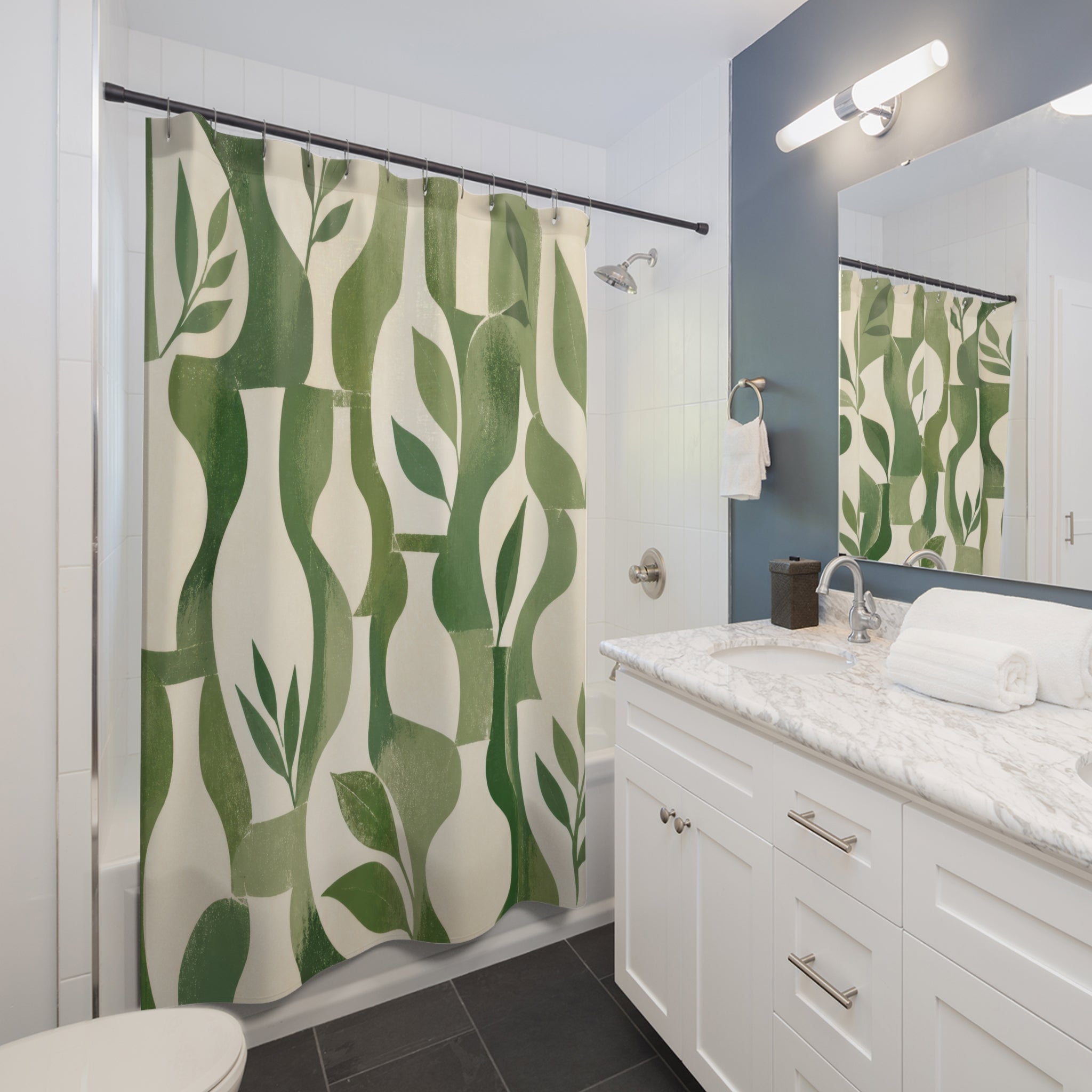 Green and White Shower Curtain, Botanical Leaf Bath Decor, Modern Abstract Block Pattern, Fresh Guest Bathroom Decor, Sage Style Decor