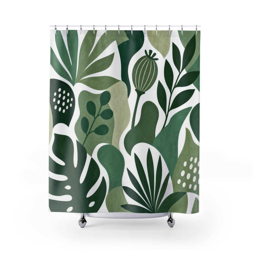 Green White Large Leaf Shower Curtain