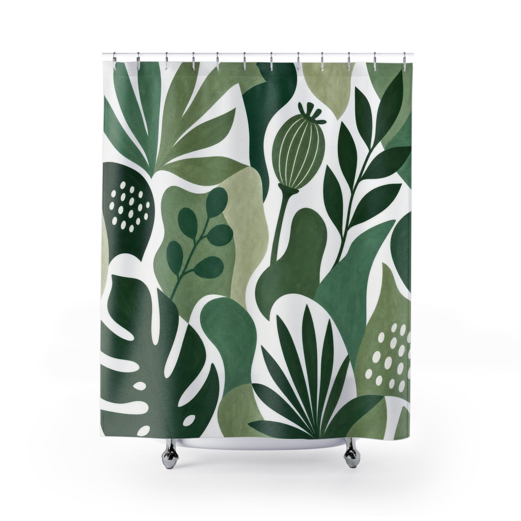Green White Large Leaf Shower Curtain