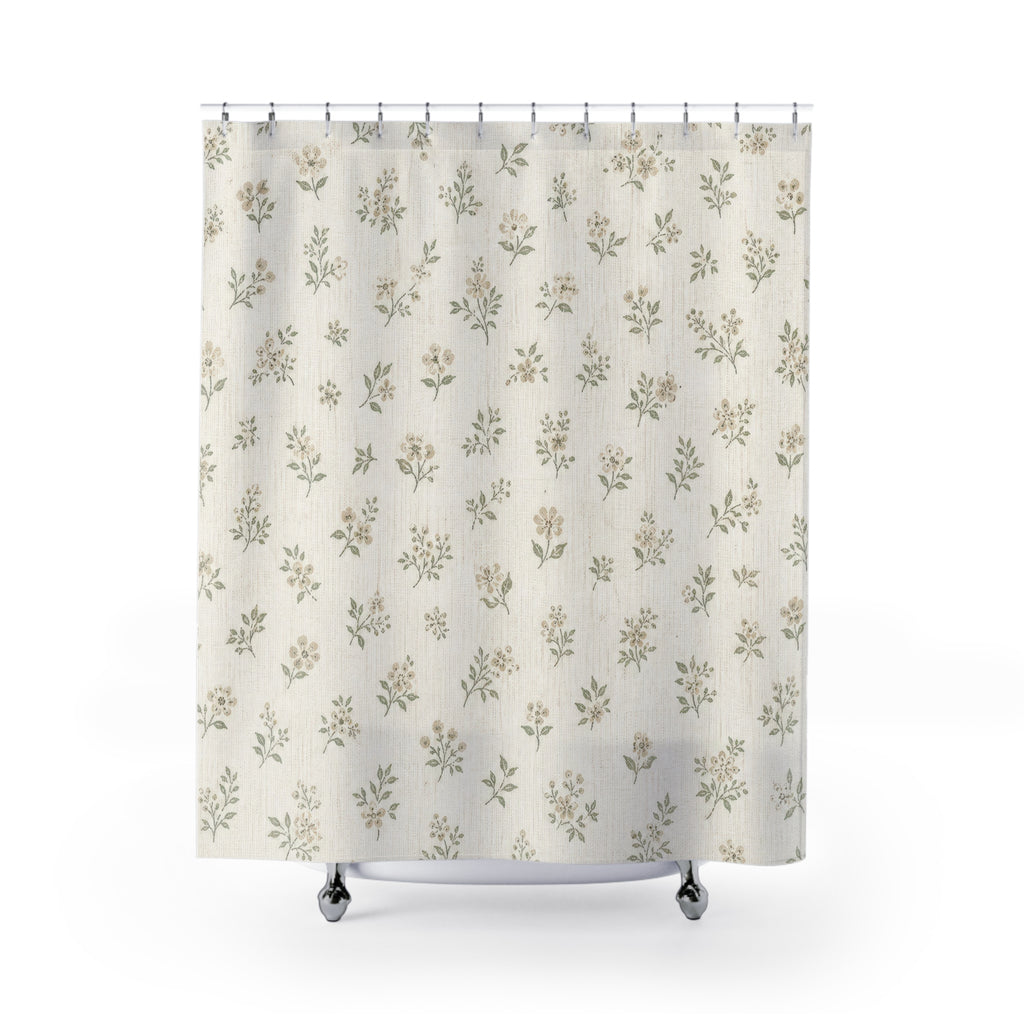 Farmhouse Shower Curtain, White Botanical Bath Decor, Small Olive Sprig Pattern, Country Guest Bathroom Decor, Cream Farmhouse Style