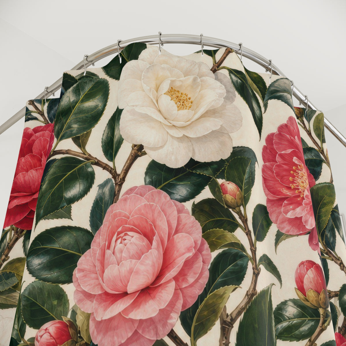 Pink White Botanical Flower red shower curtain with close-up print, hooks, and folds