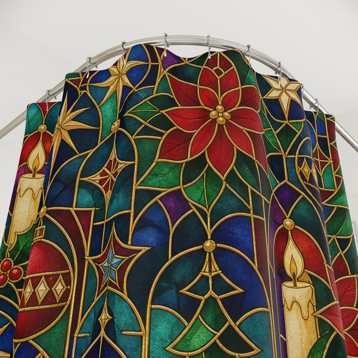 Stained Glass Ornament christmas pattern shower curtain with close-up print, hooks, and folds