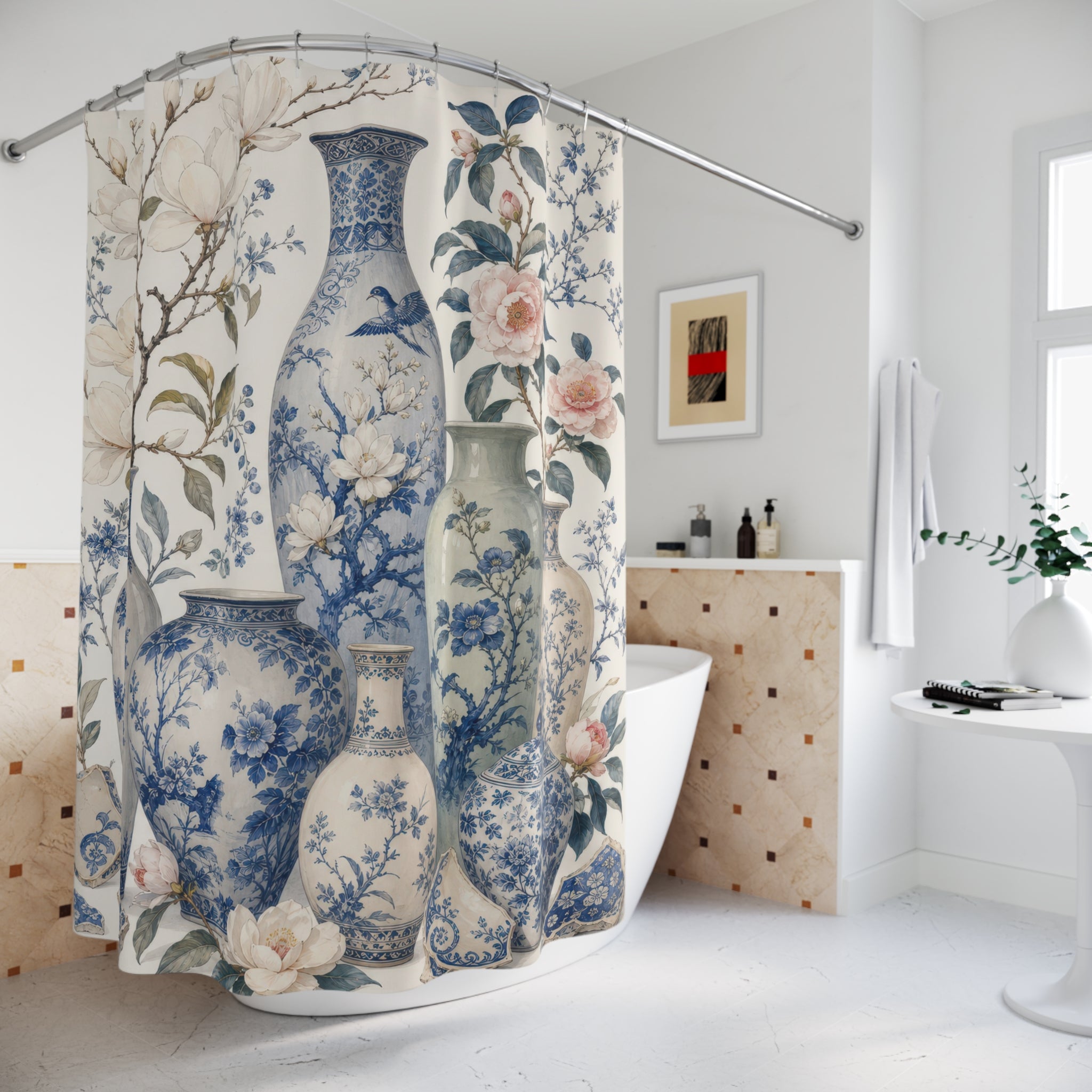 Blue White Porcelain Botanical Shower Curtain