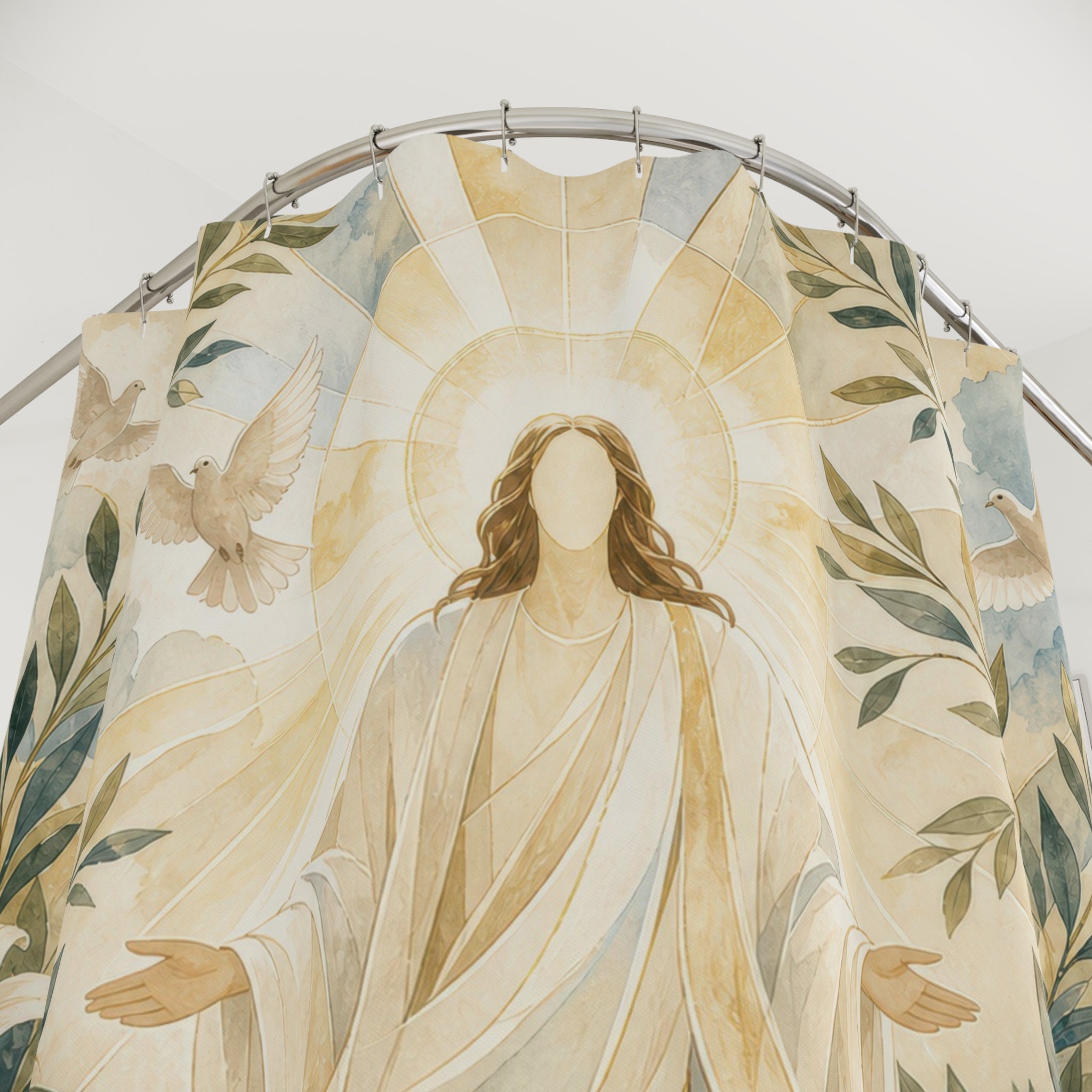 Jesus Shower Curtain, Christian Floral Lily Scene, Religious Bathroom Decor, Peaceful Guest Bath Inspirational Art Style