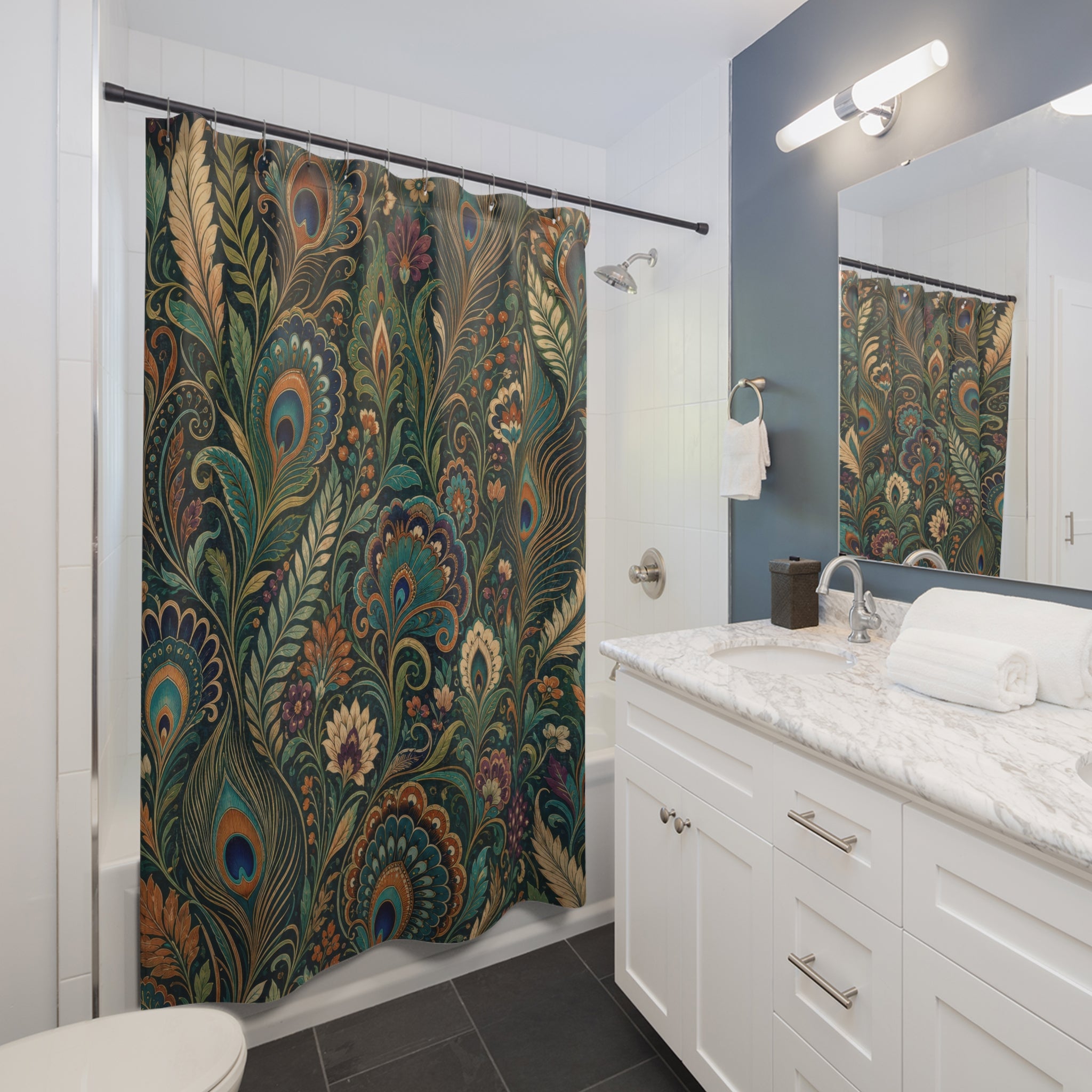 Unique Peacock Shower Curtain, Dark Green Feather Botanical Pattern, Teal Gold Maximalist Decor, Dramatic Guest Bath, Jewel Tone Style