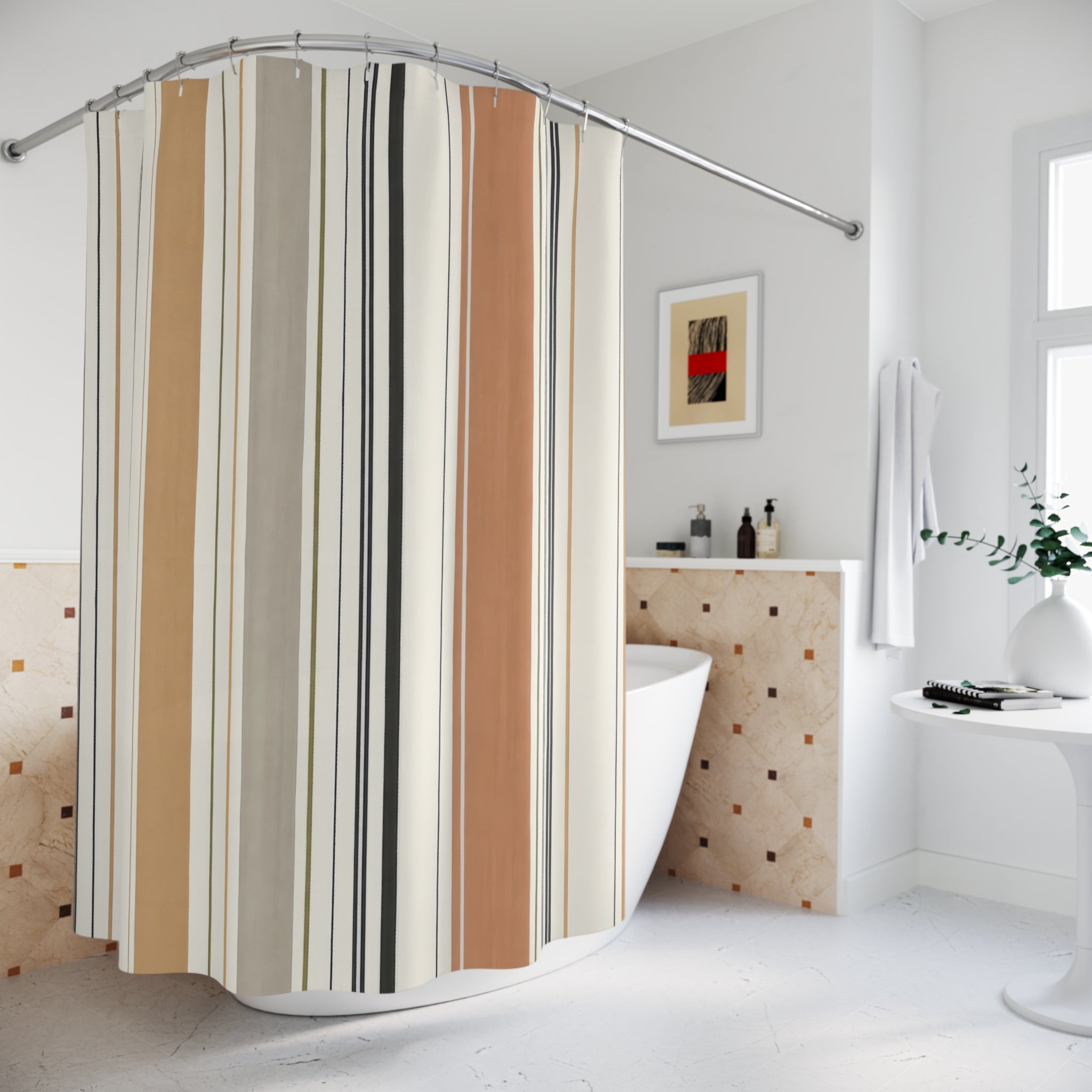 Sage Blush Rust Watercolor Stripe Shower Curtain