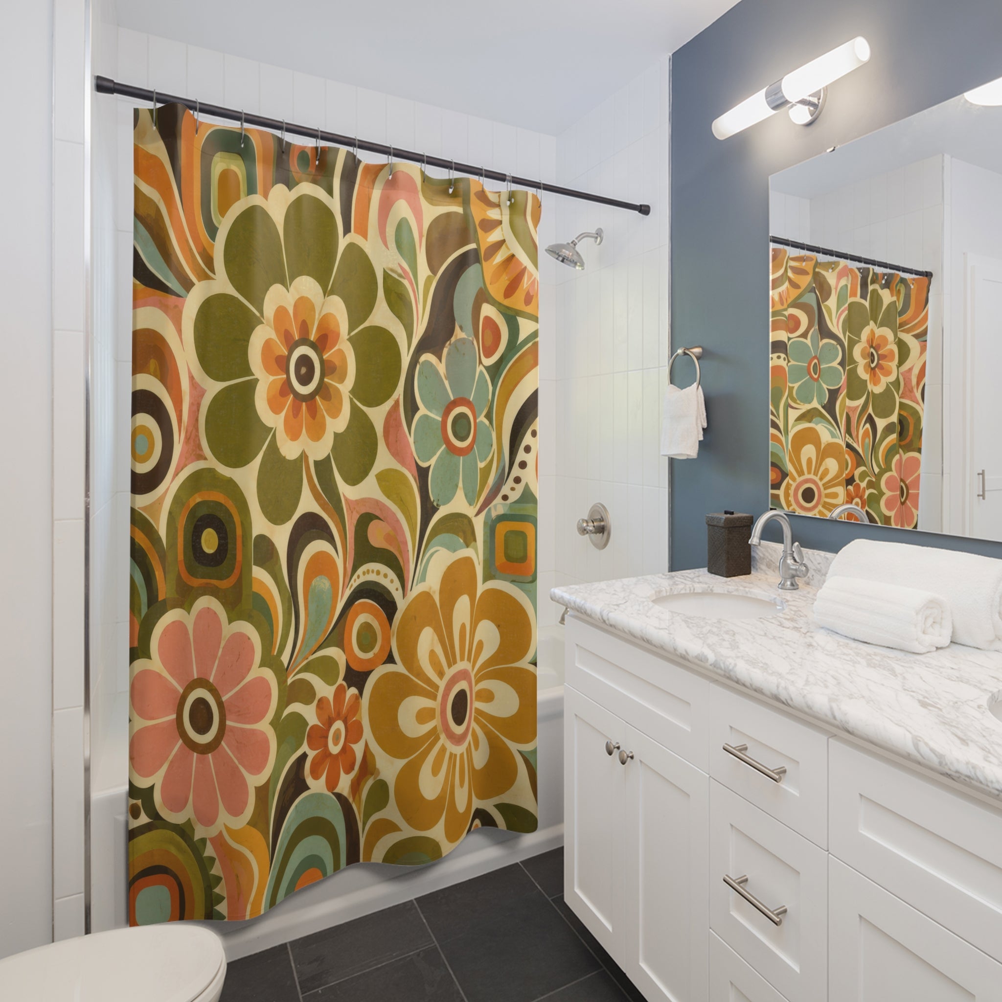 Retro Floral Shower Curtain: 60s Mod Flowers