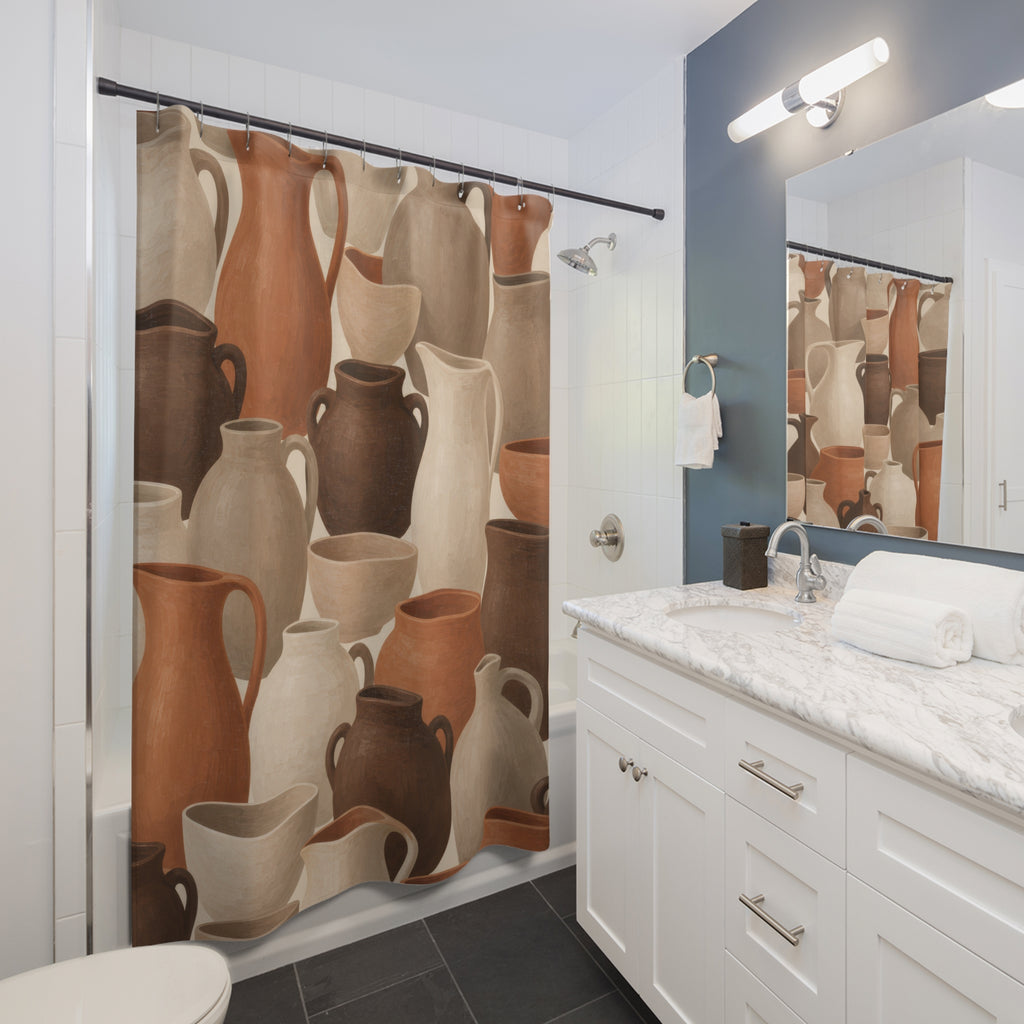 Terracotta and cream pottery shower curtain beside a white vanity