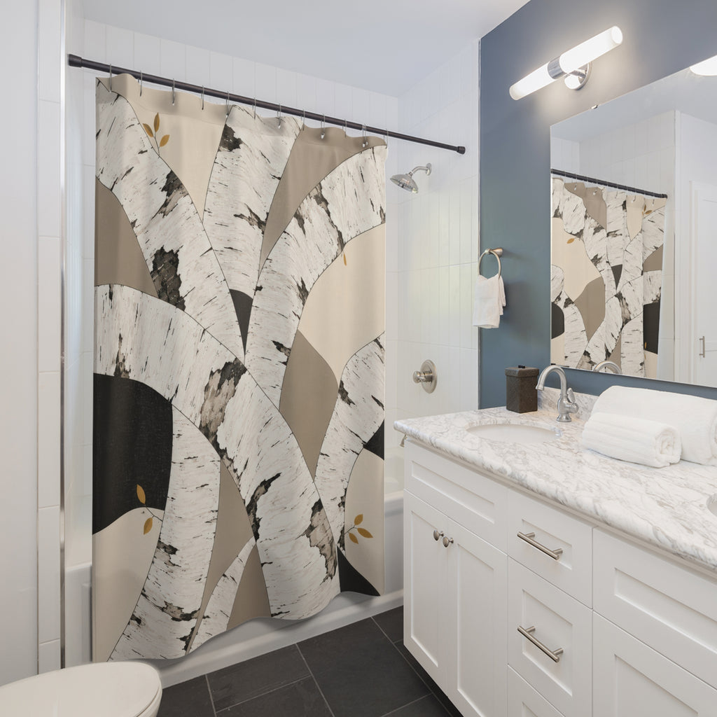 White birch bark arches in ivory and taupe shower curtain beside a white vanity
