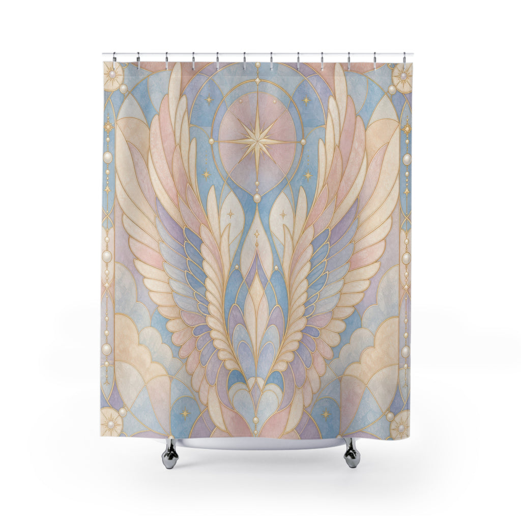Stained Glass Shower Curtain, Angel Wing Bath Decor, Pastel Blue Blush Feather Pattern, Celestial Art Nouveau Guest Bathroom Decor