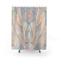 Stained Glass Shower Curtain, Angel Wing Bath Decor, Pastel Blue Blush Feather Pattern, Celestial Art Nouveau Guest Bathroom Decor