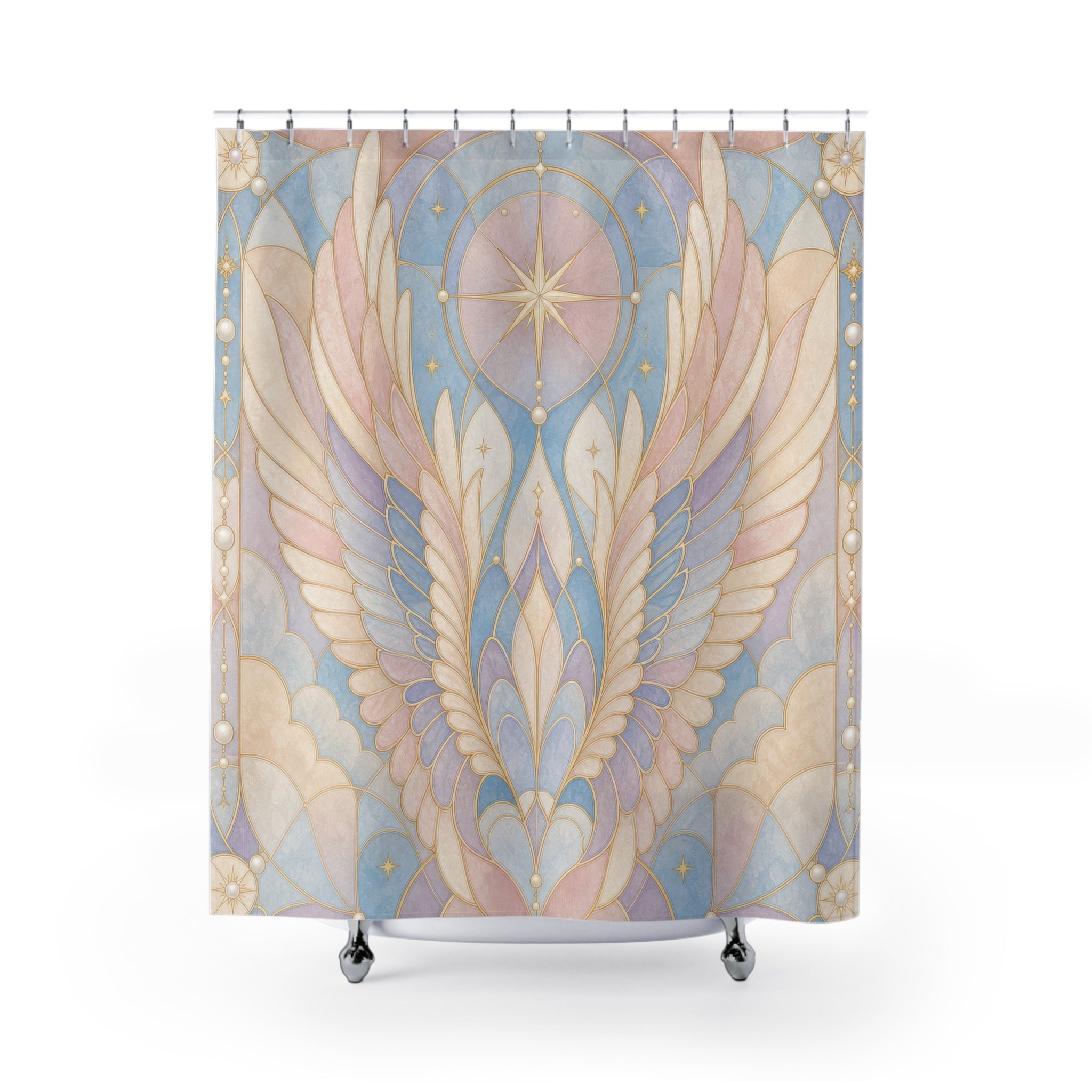 Stained Glass Shower Curtain, Angel Wing Bath Decor, Pastel Blue Blush Feather Pattern, Celestial Art Nouveau Guest Bathroom Decor