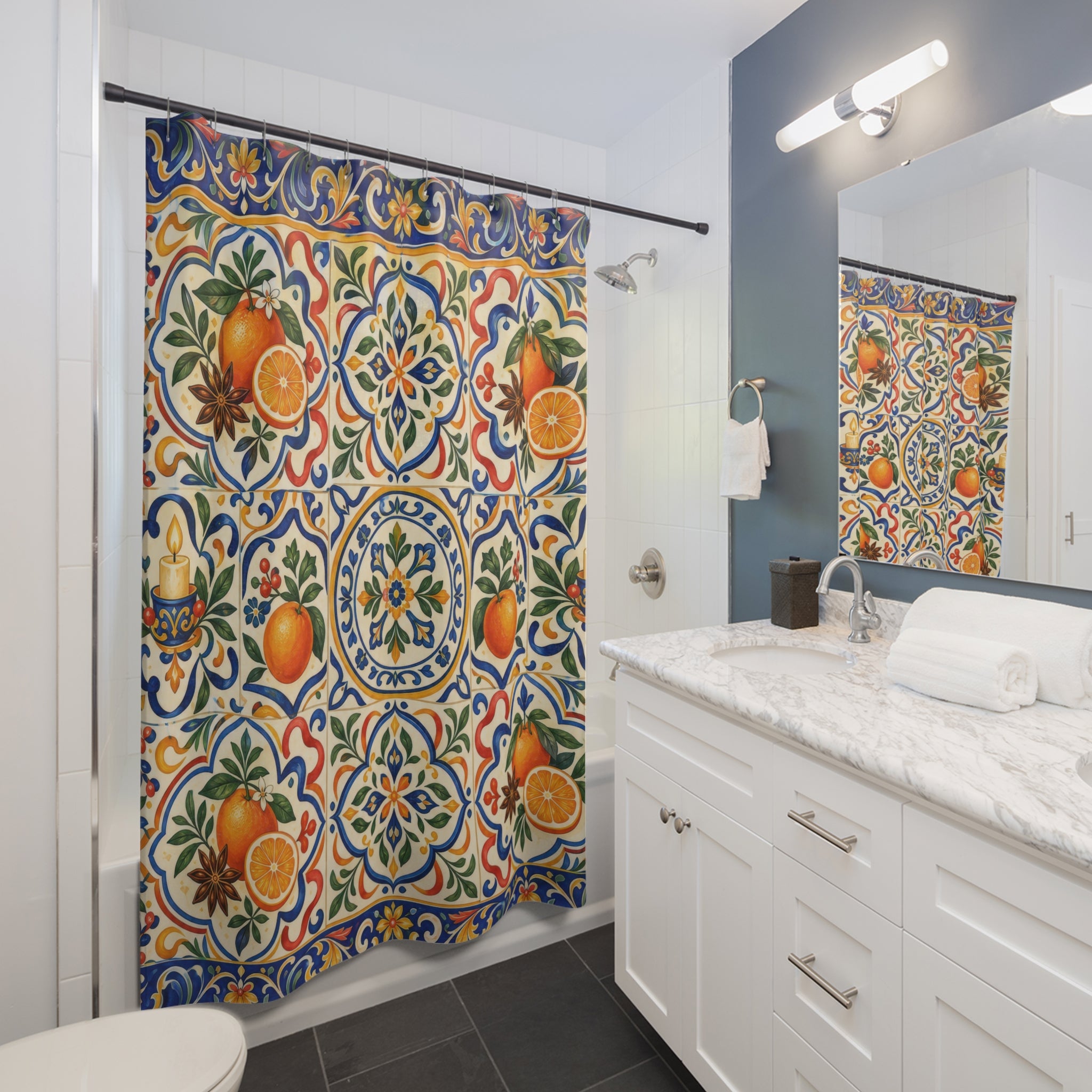 Christmas Citrus Shower Curtain, Cobalt Orange Mediterranean Holiday Pattern, Saffron Evergreen Winter Bathroom Decor, Festive Guest Bath