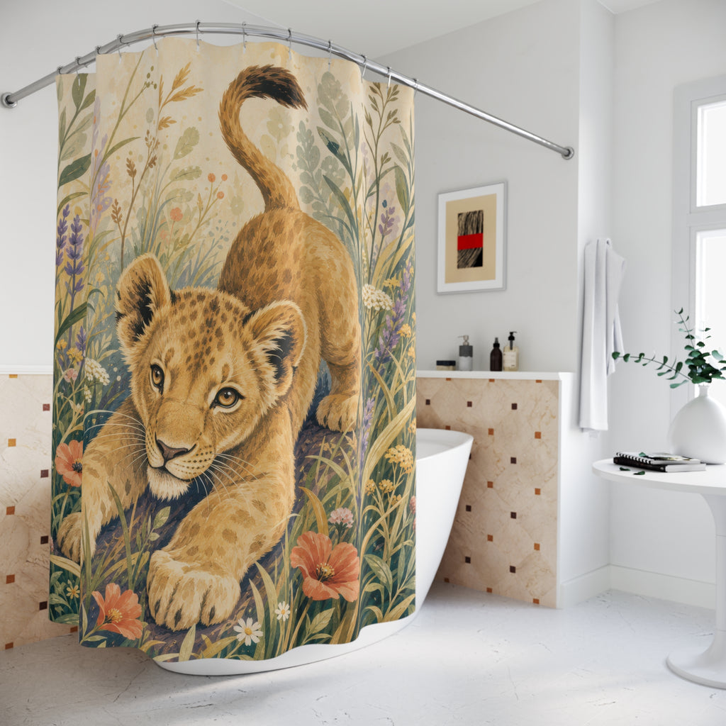 Lion Cub Floral Animal Scene Shower Curtain