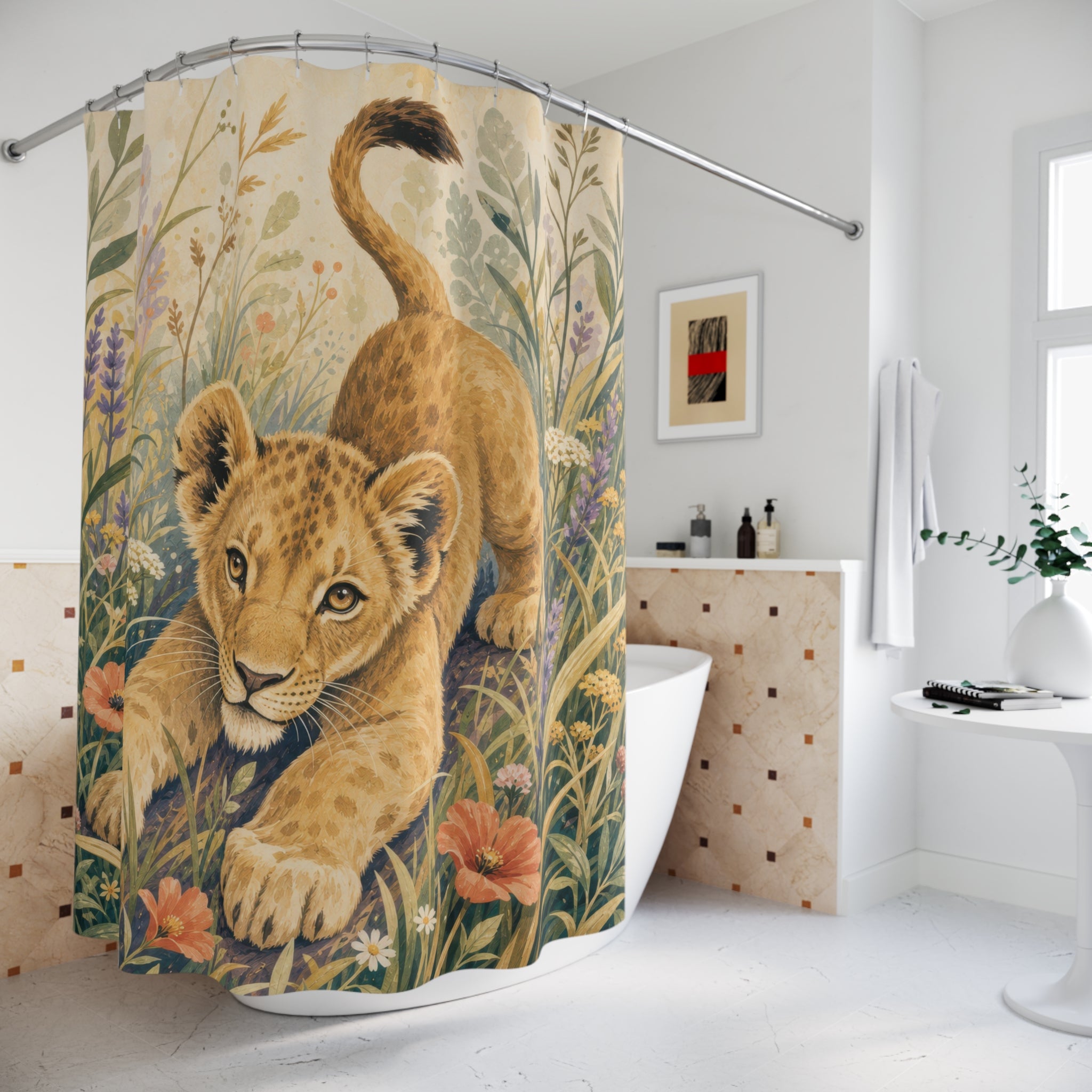 Lion Cub Floral Animal Scene Shower Curtain