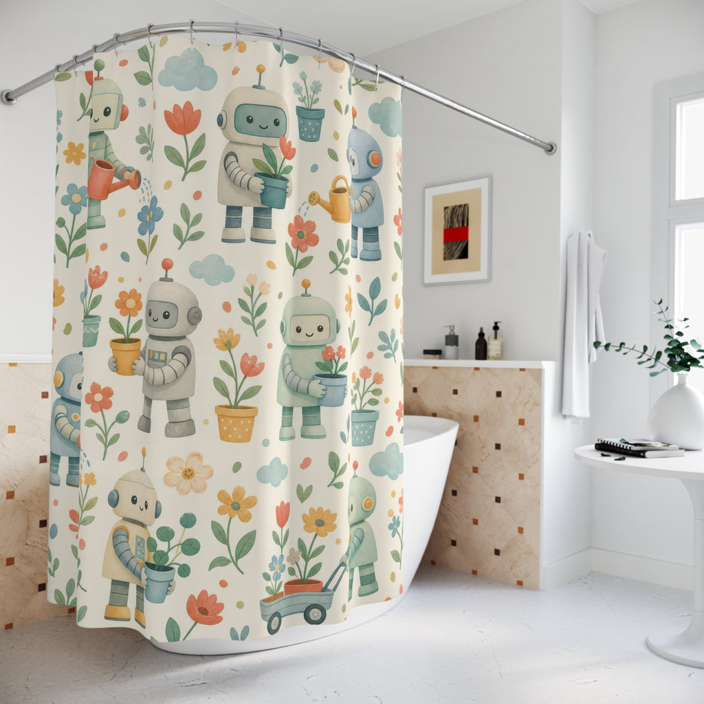 Kids Robot Shower Curtain, Cute Robot Plant Pattern, Kids Science STEM Garden Bathroom Decor, Playroom Wall Decor Guest Bath Wall Gift