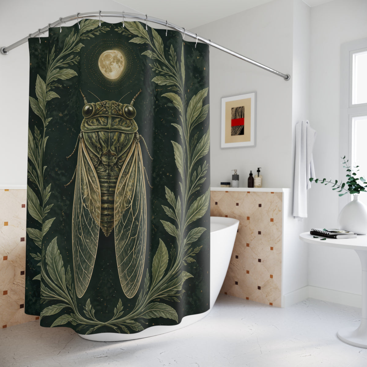 Cicada beneath a pale moon framed by sage leaves shower curtain beside a freestanding tub