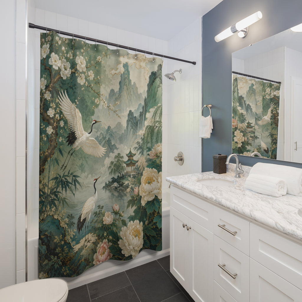 Chinese Shower Curtain: Jade Chinoiserie Crane Landscape