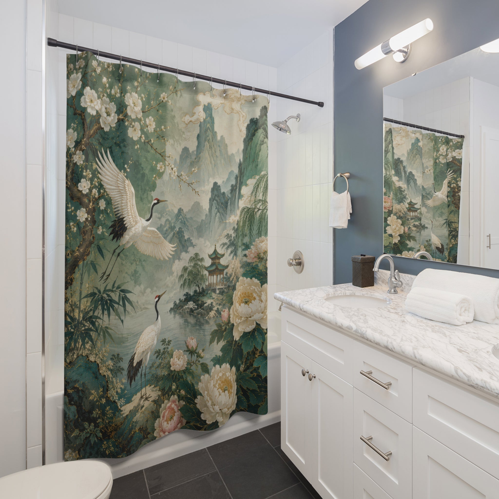 Chinese Shower Curtain: Jade Chinoiserie Crane Landscape