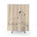 Charcoal contour drawing of a reclining dog on oatmeal shower curtain with full front view