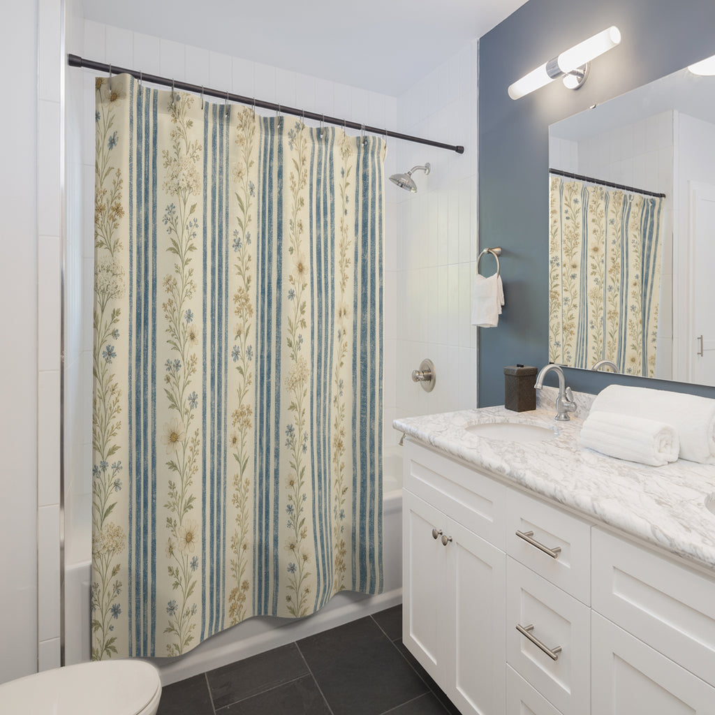 Blue Beige Floral Stripe Farmhouse Shower Curtain