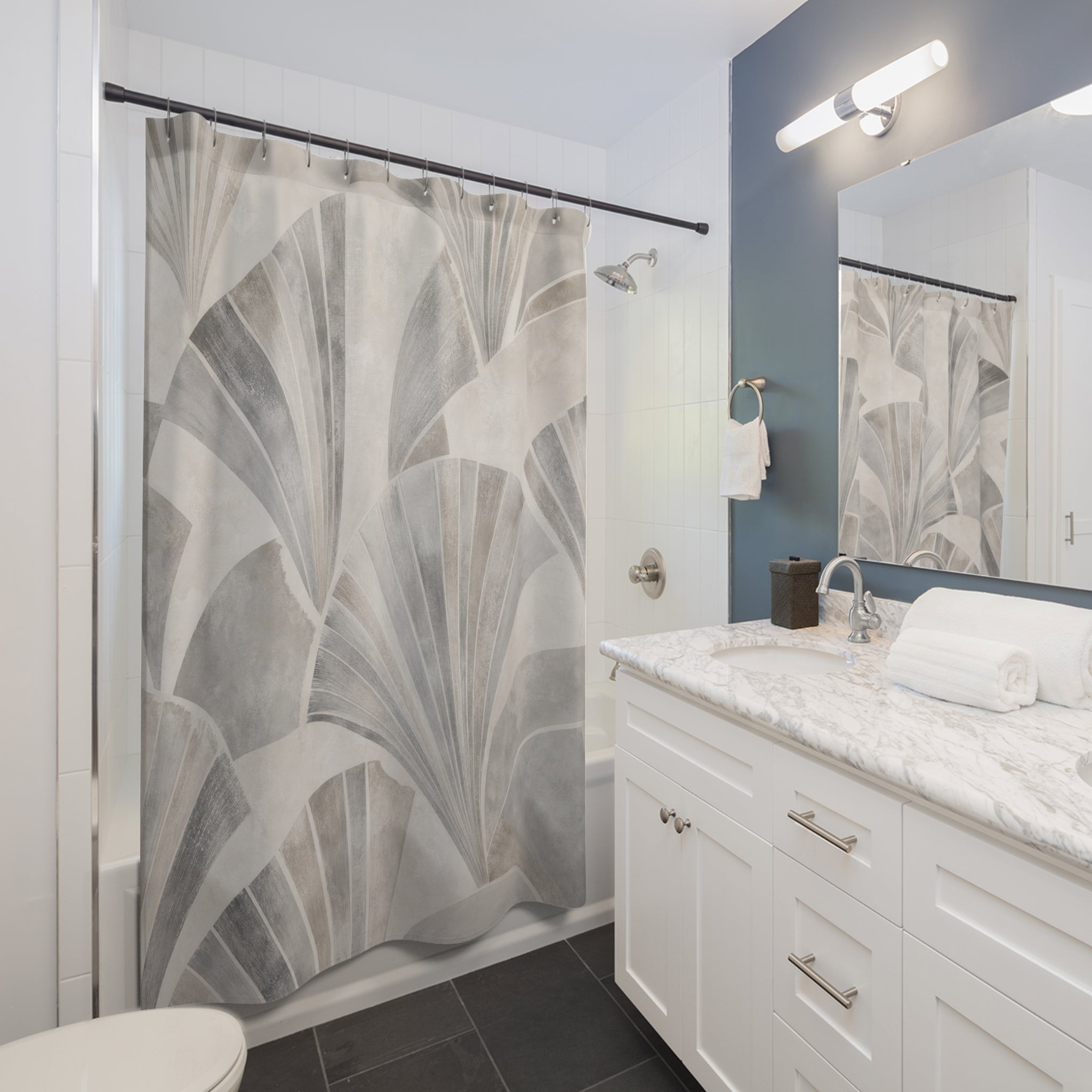 Art Deco Shower Curtain, Gray Geometric Bath Decor, Fan Arch Pattern, Modern Neutral Guest Bathroom Decor, Architectural Fan Style