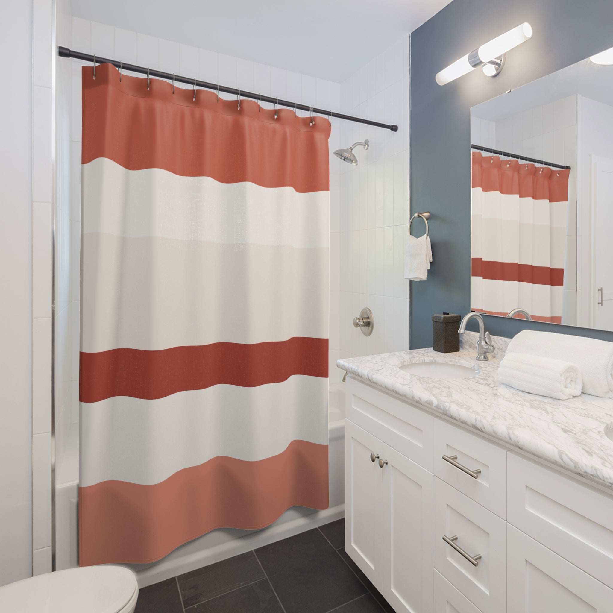 Coral and Beige Wide Stripe Shower Curtain