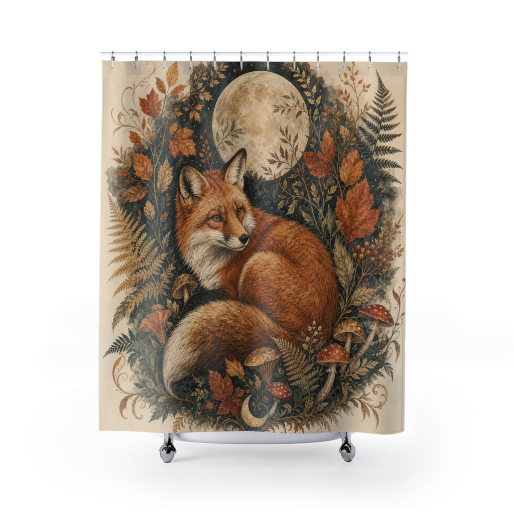 Fox Shower Curtain, Woodland Fox Bath Decor, Rust Orange Forest Botanical Pattern, Moonlit Autumn Fern Mushroom Guest Bathroom Decor