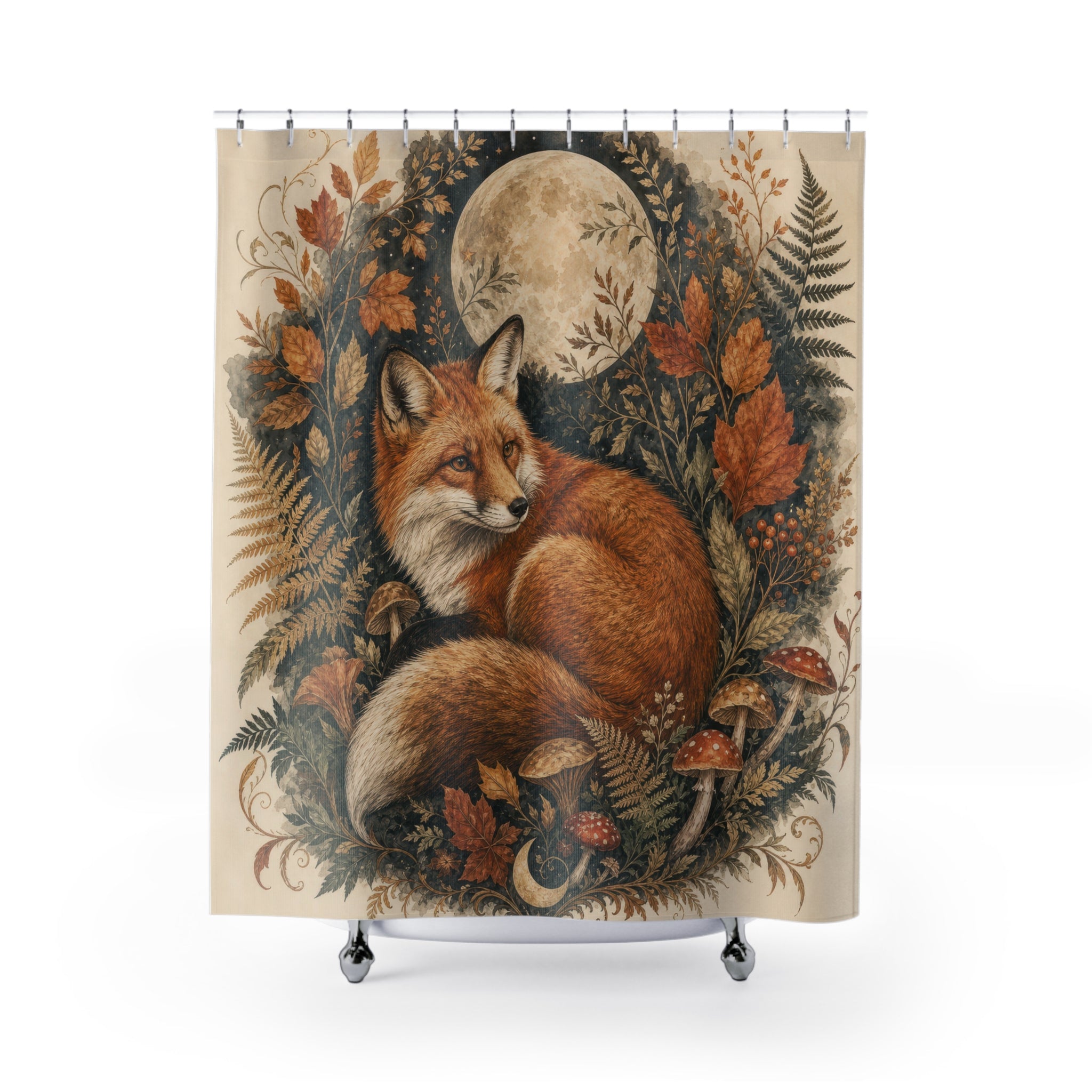 Fox Shower Curtain, Woodland Fox Bath Decor, Rust Orange Forest Botanical Pattern, Moonlit Autumn Fern Mushroom Guest Bathroom Decor