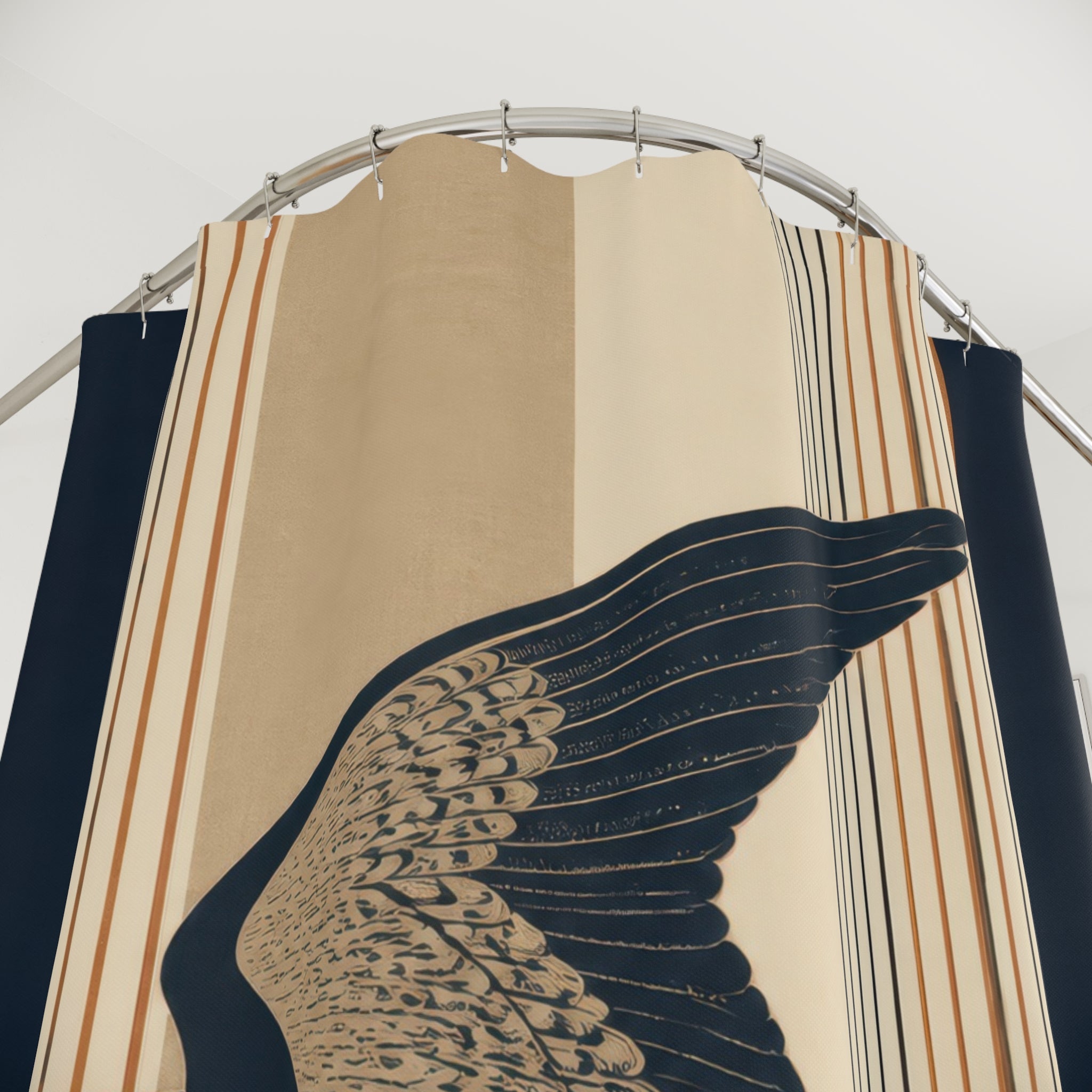Close-up of Flying block-print falcon over navy flax and ivory stripes shower curtain with hooks and folds