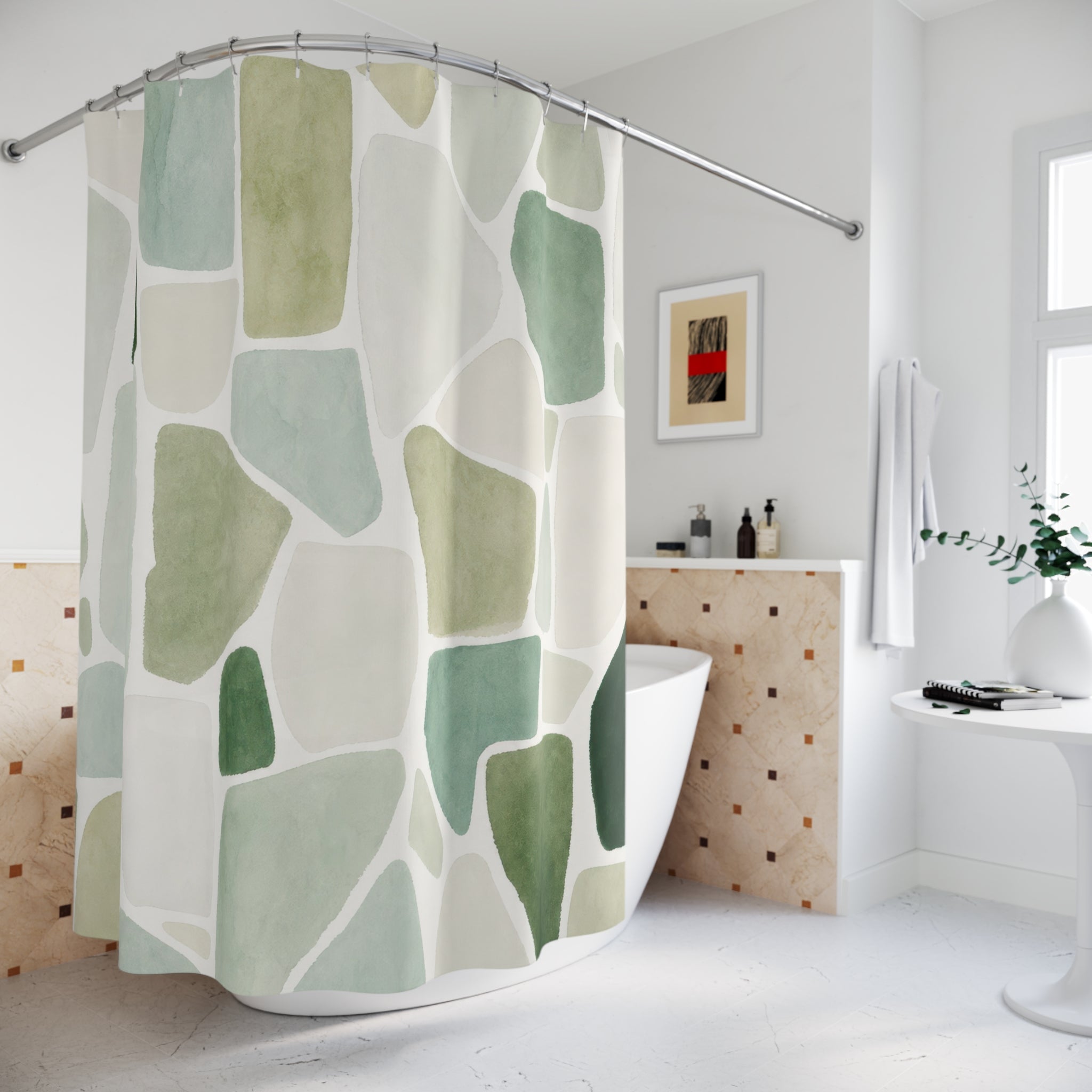 Green White Shower Curtain, Abstract Mosaic Bath Decor, Sage Tile Pattern, Modern Guest Bathroom Decor, Soft Organic Fresh Style Decor