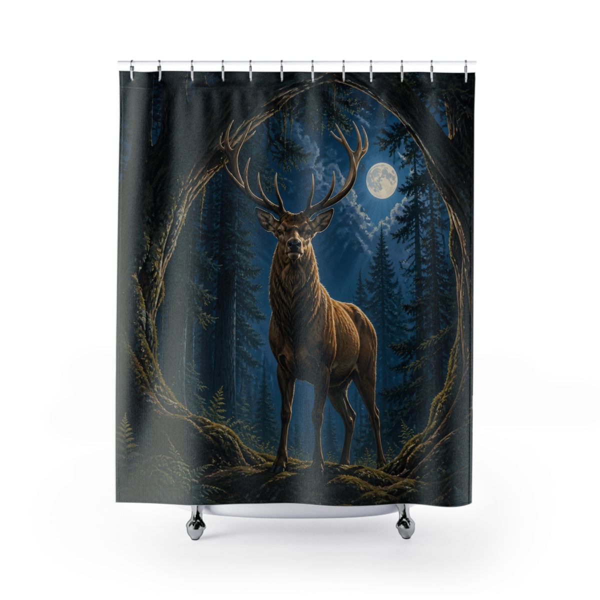 Moonlit woodland stag beneath a cedar arch shower curtain with full front view