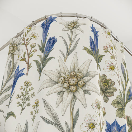 Alpine Floral Botanical blue wildflower shower curtain with close-up print, hooks, and folds