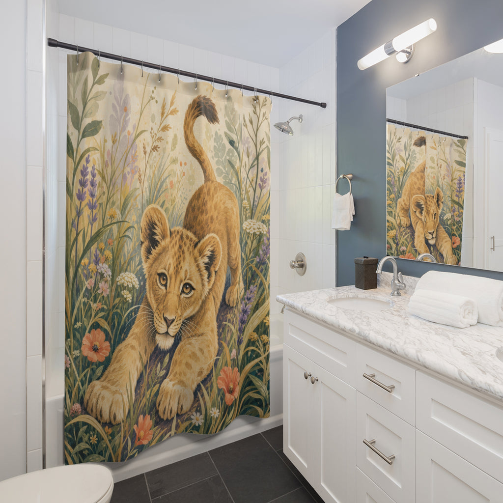 Lion Cub Floral Animal Scene Shower Curtain