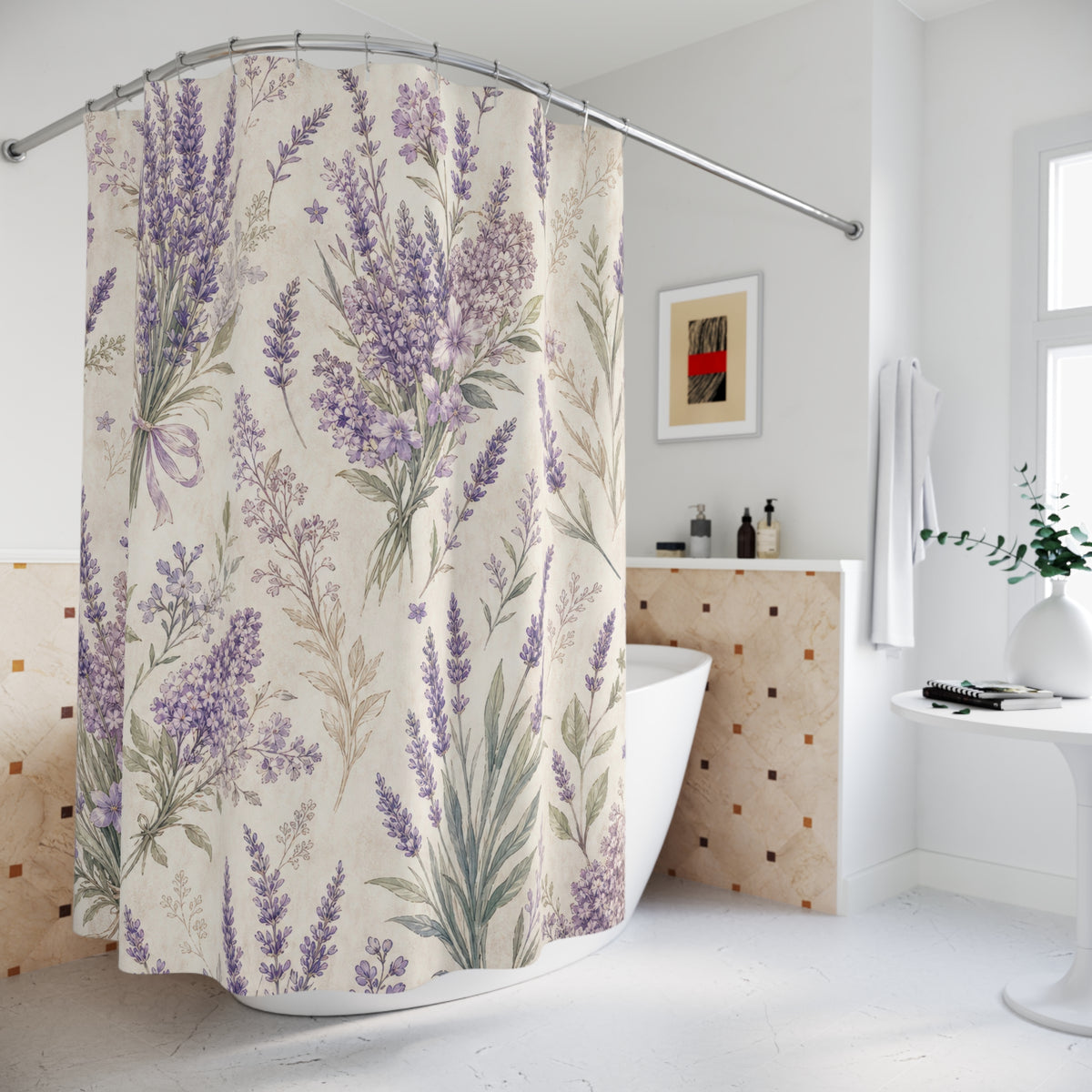 Purple Floral vintage lavender cottage shower curtain beside a freestanding tub