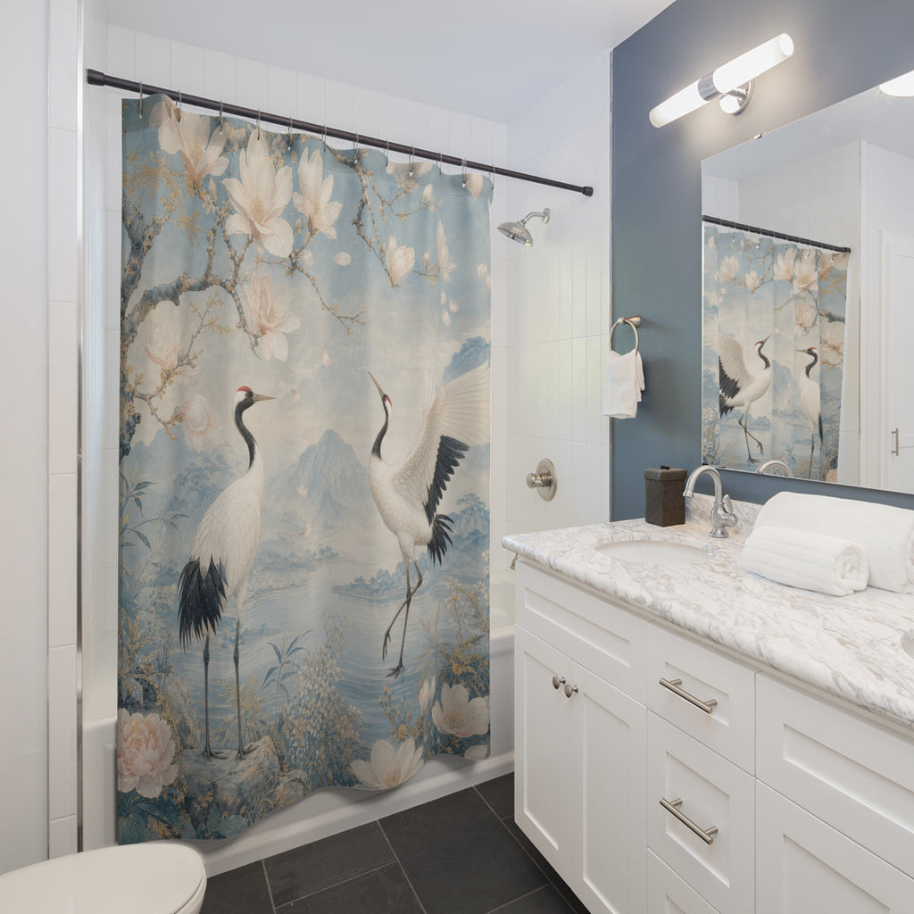 Blue Chinoiserie Crane and Magnolia Shower Curtain