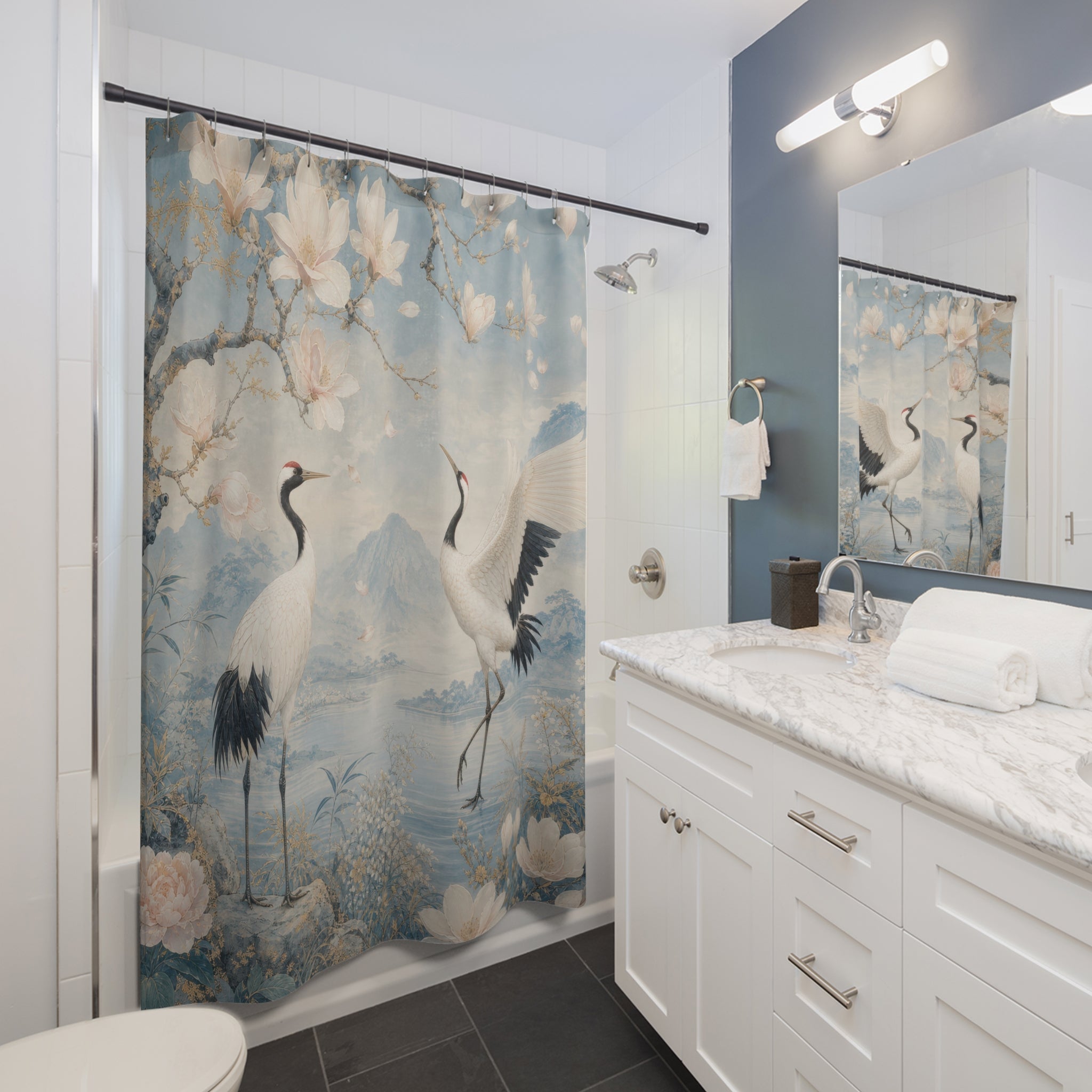 Blue Chinoiserie Crane and Magnolia Shower Curtain