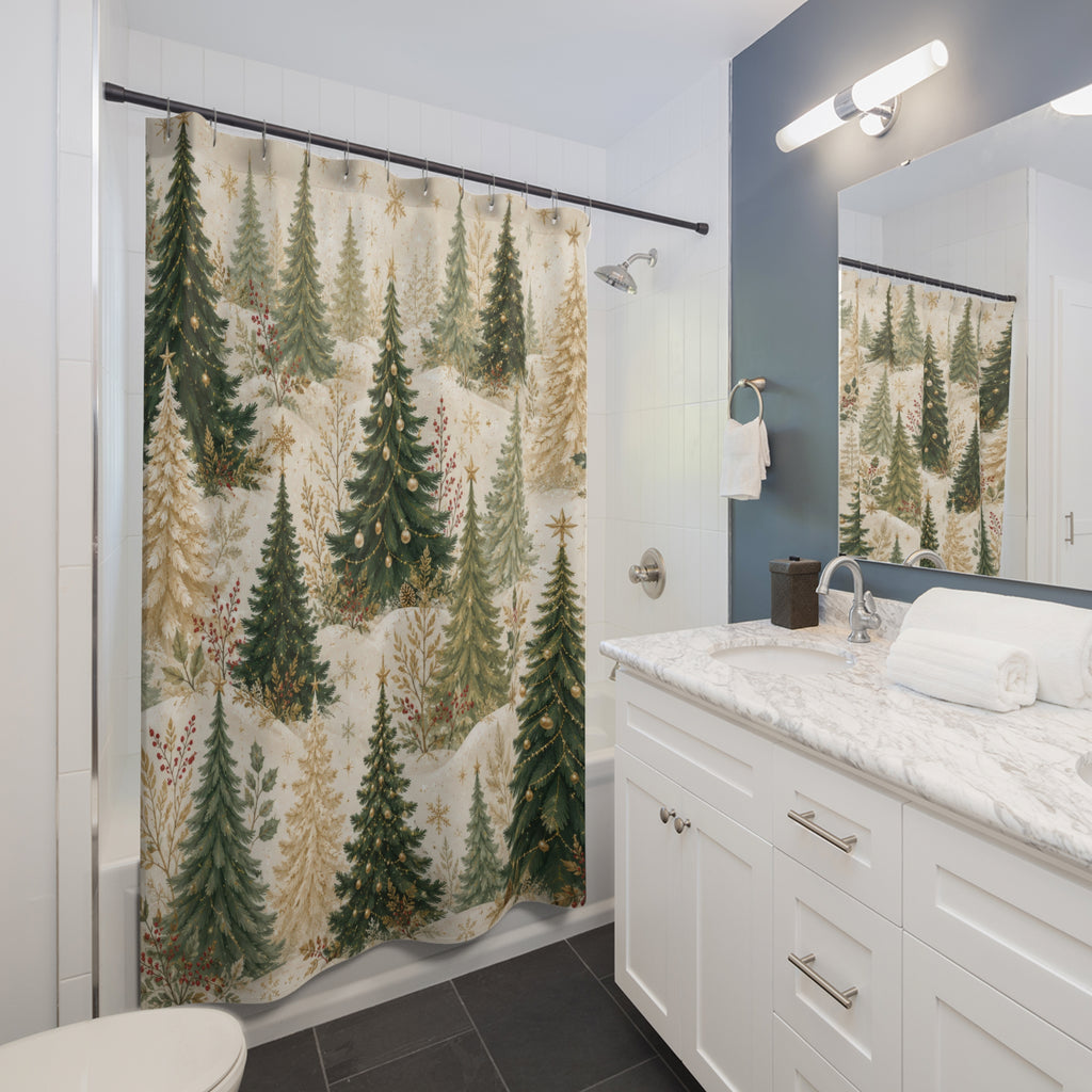 Christmas Tree Shower Curtain: Green Gold Winter Woodland
