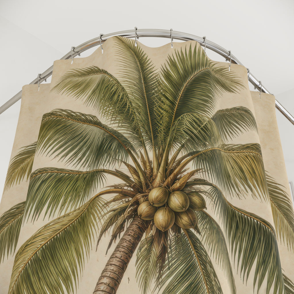 Olive coconut palm and sepia trunk on warm cream shower curtain with close-up print, hooks, and folds