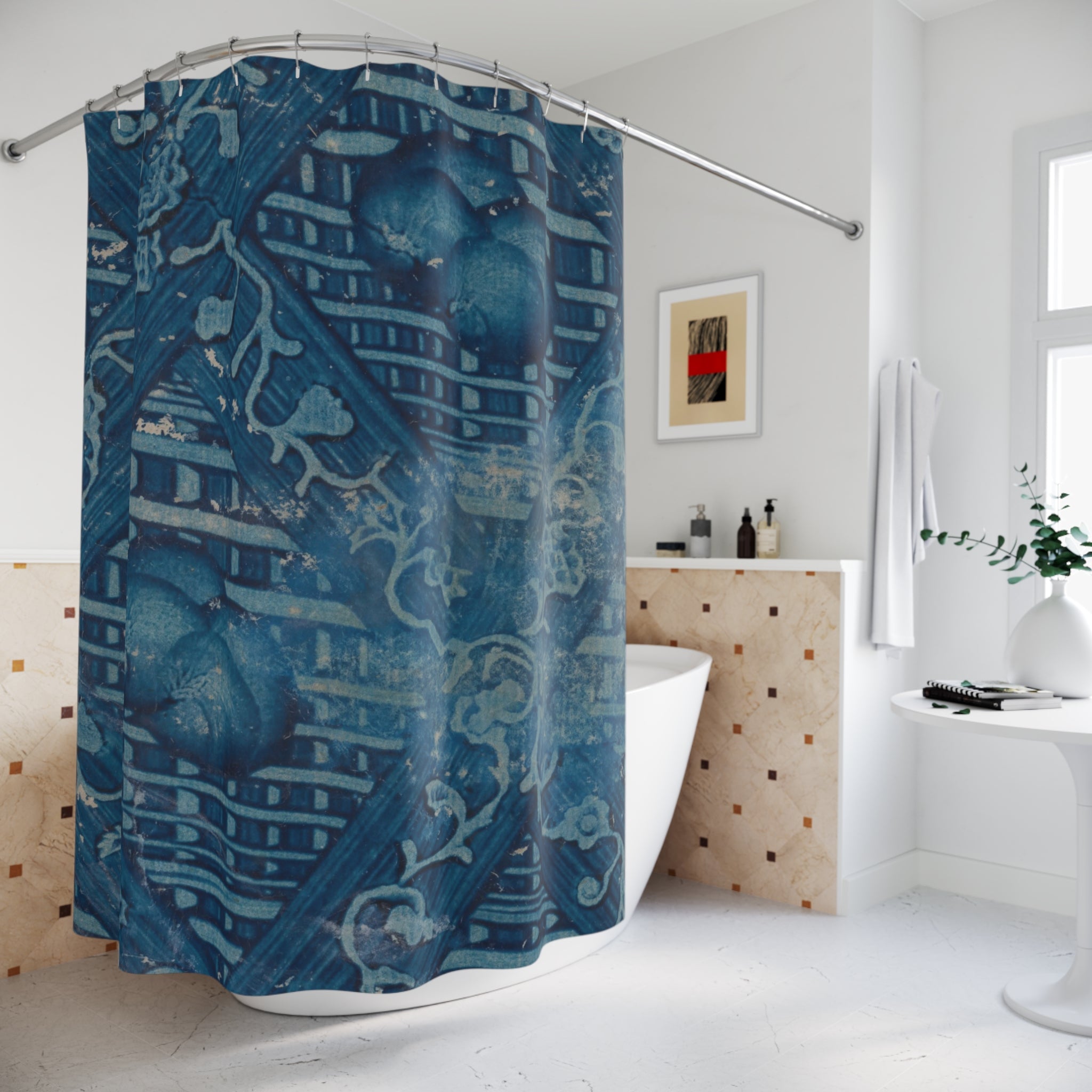 German Paste Paper Shower Curtain – Indigo Lattice