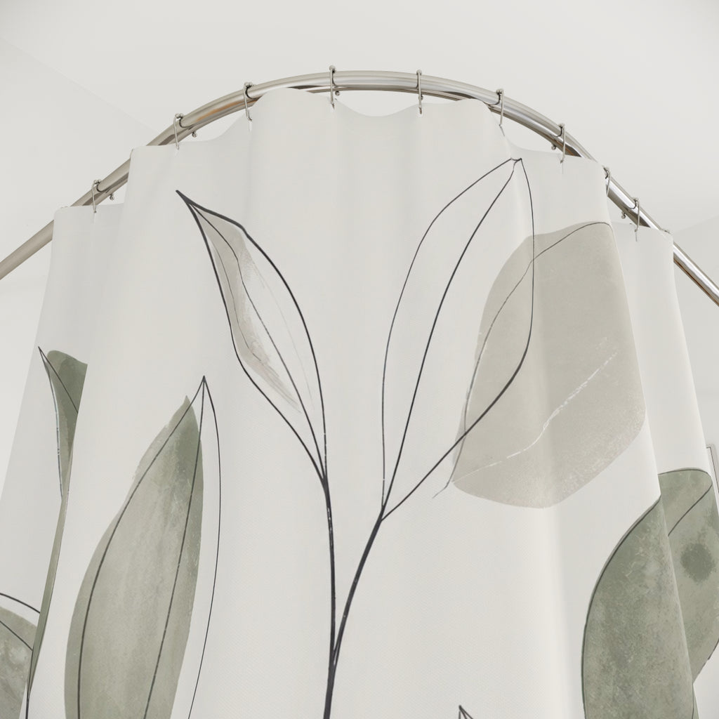 Sage Green Leaf Line Art Shower Curtain