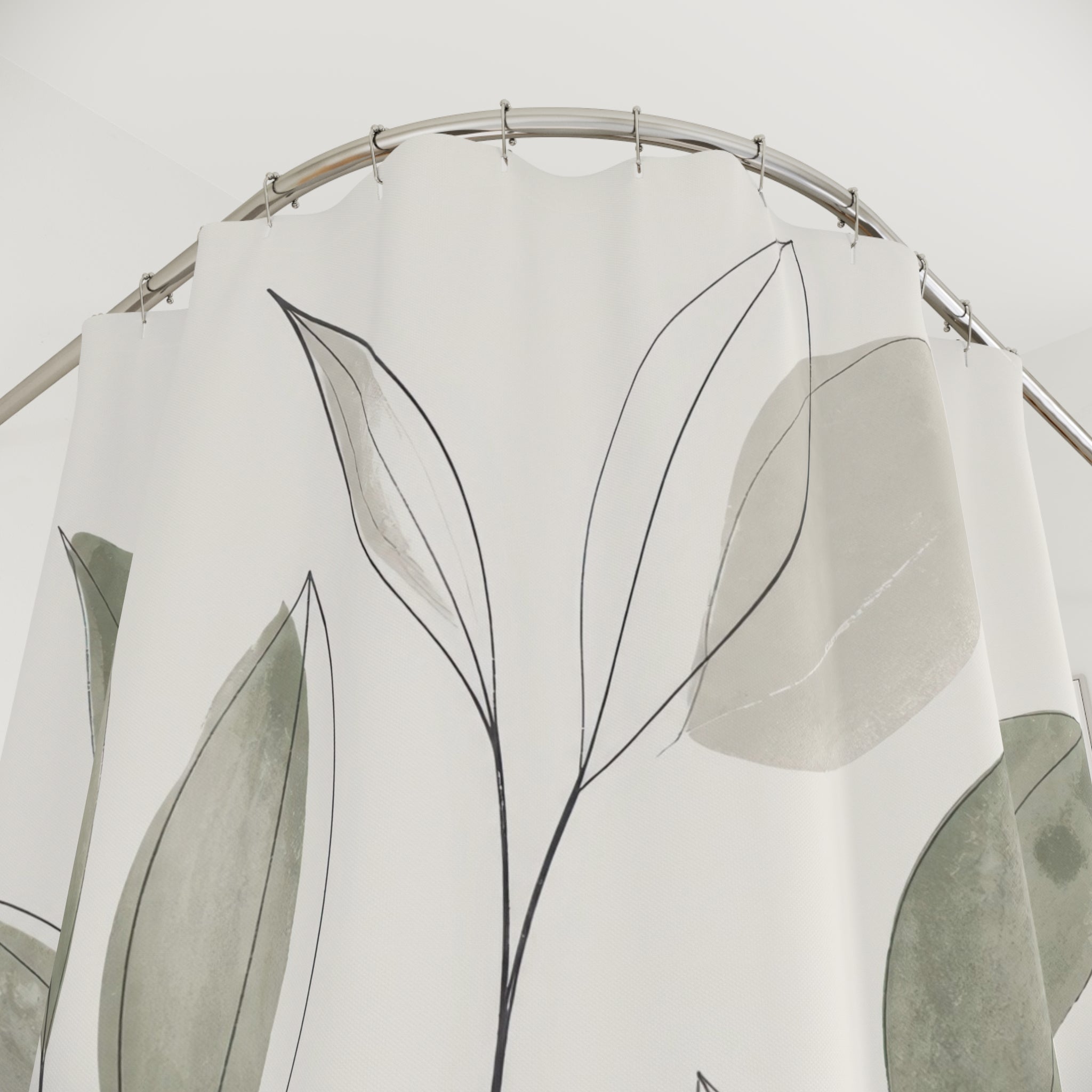 Sage Green Leaf Line Art Shower Curtain